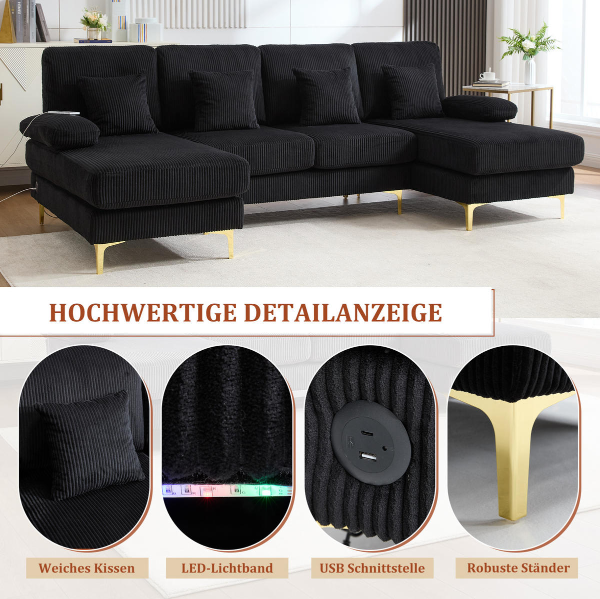WOHNLANDSCHAFT 265/135/88 cm in Schwarz aus Samt mit LED-Beleuchtung und USB-Anschluss - Schwarz, Textil (135/88/265cm) - Flora Grace