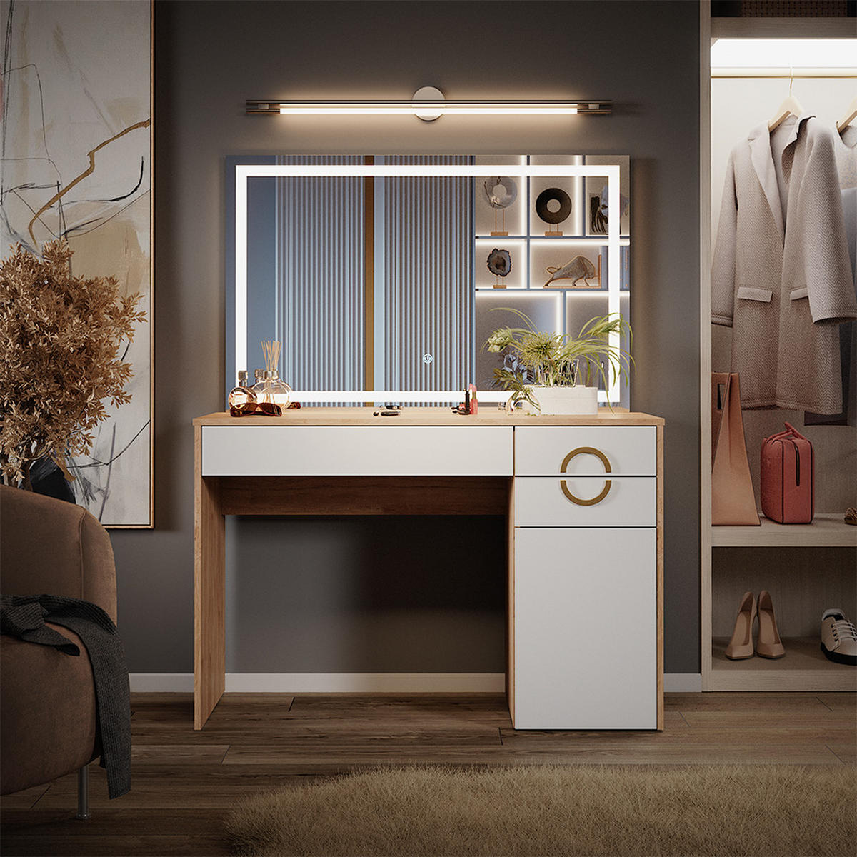 SCHMINKTISCH Adela Natural Rockford Hickory 115 cm mit LED-Spiegel - Weiß/Sonoma Eiche, Holzwerkstoff (115/76.4/55cm) - Vicco