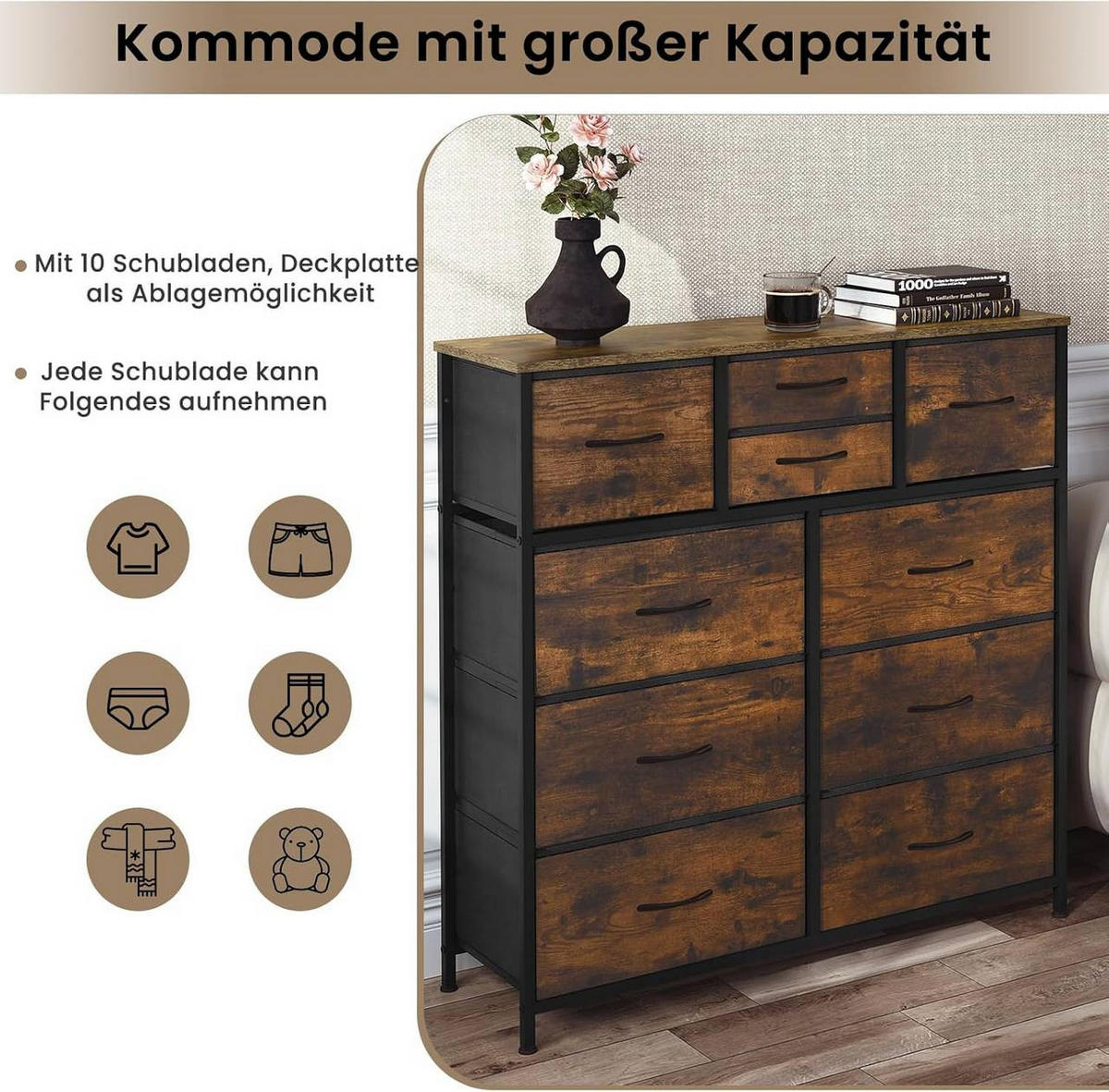 KOMMODE mit 10 Schubladen, Industrial Stil, Vintagebraun - Dunkelbraun/Schwarz, Holzwerkstoff/Textil (100/100/30cm) - Woltu