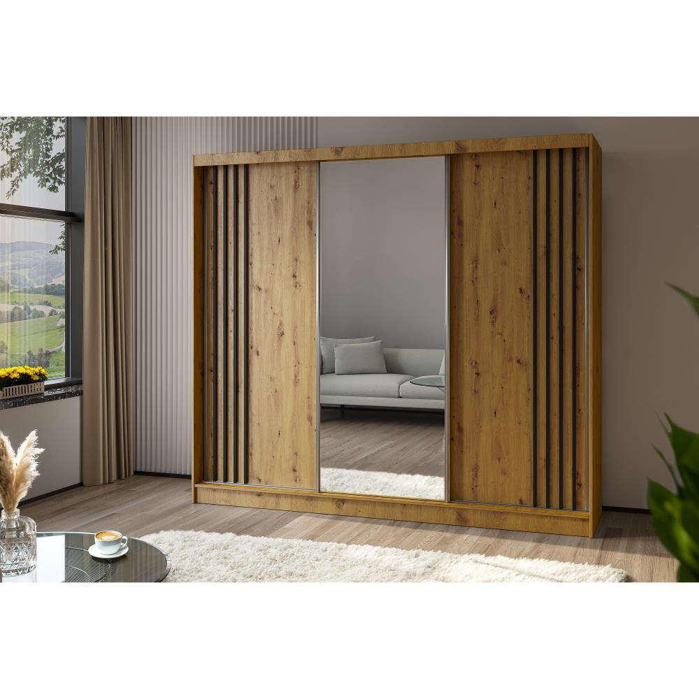 SCHWEBETÜRENSCHRANK Nela 240/216/61 eiche Artisan mit Schubladen - Schwarz/Eiche Artisan, Holzwerkstoff (240/216/61cm) - Beautysofa