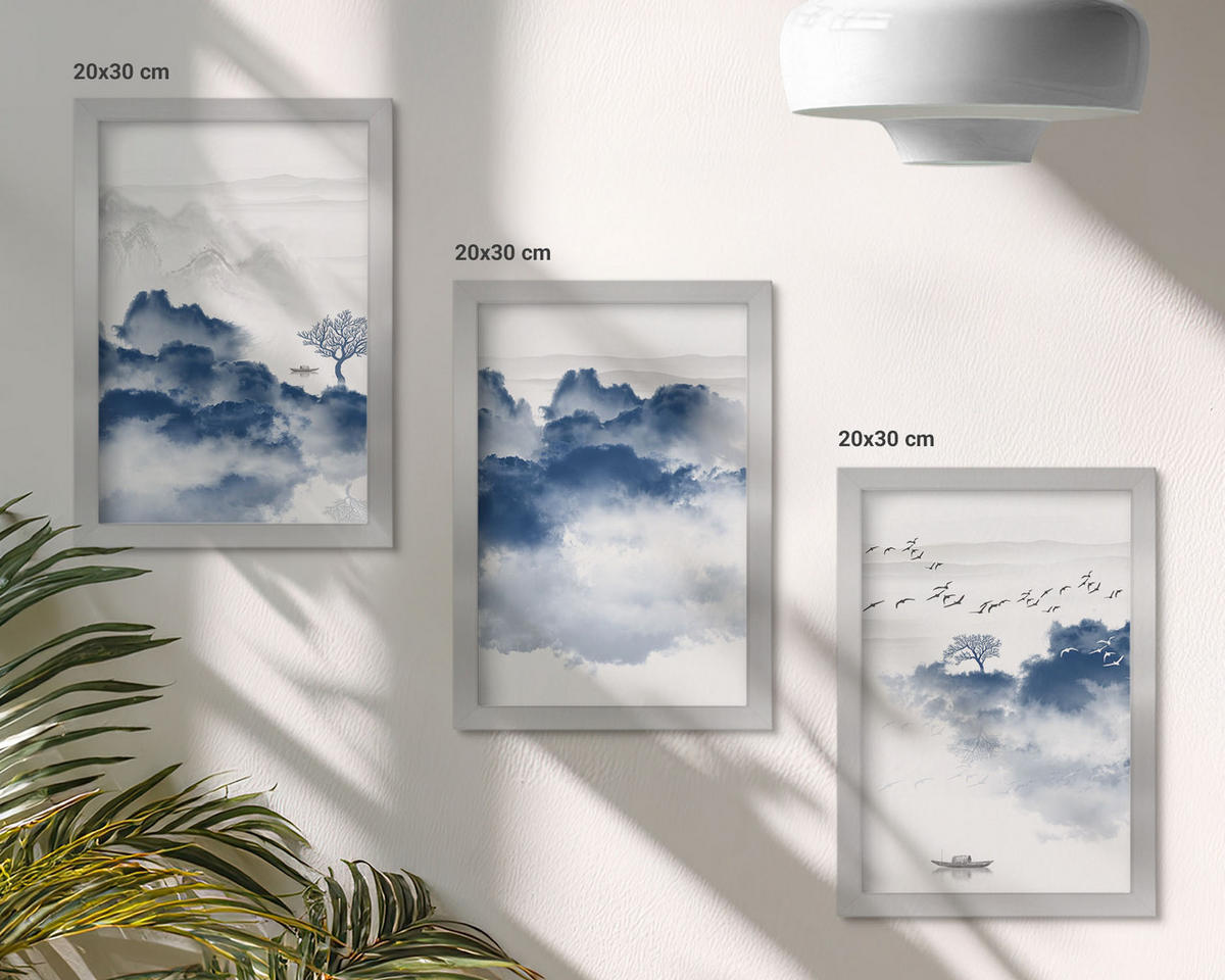 BILDER SET 3er Set - 20x30 cm Silberner Rahmen - Berge, Wolken, Bäume, Vögel - Silberfarben, Kunststoff (20/30cm) - TULUP