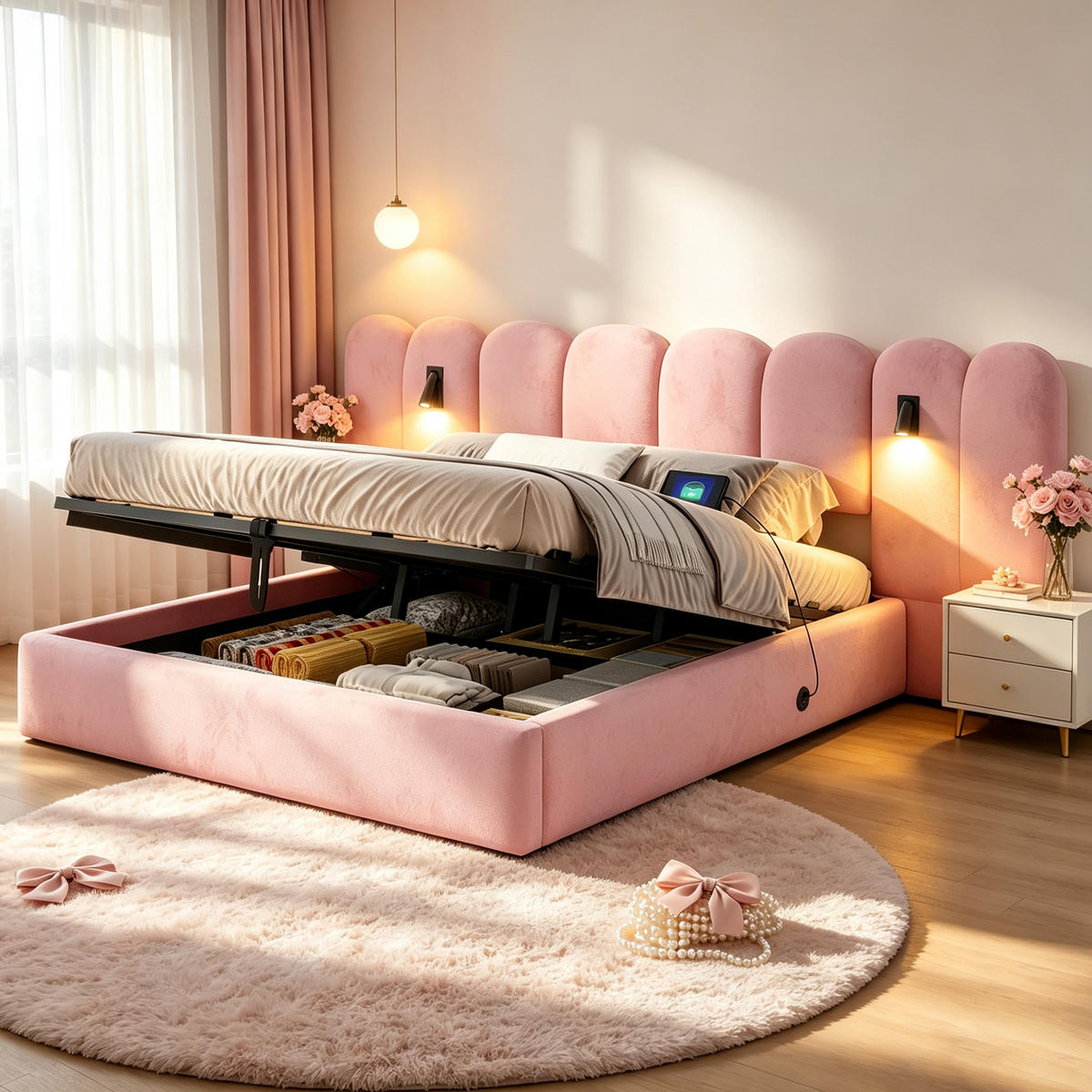 BOXBETT 180/200 mit Wolken Kopfteil, Bettkasten/Leselampe/USB, Samt, Rosa - Rosa, Holz/Textil (180/200cm) - LVHOM