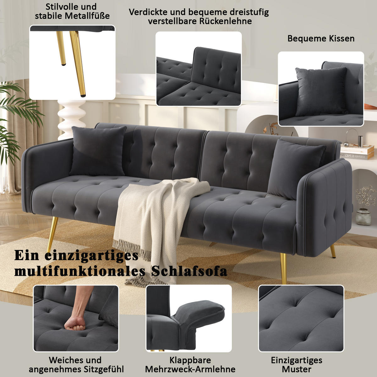 SOFA Zweisitzer Sofabett Velours Verstellbare Lehne Großzügig Schlaffunktion - Grau, Holz (89.92/18.03/80.52cm) - FLIEKS