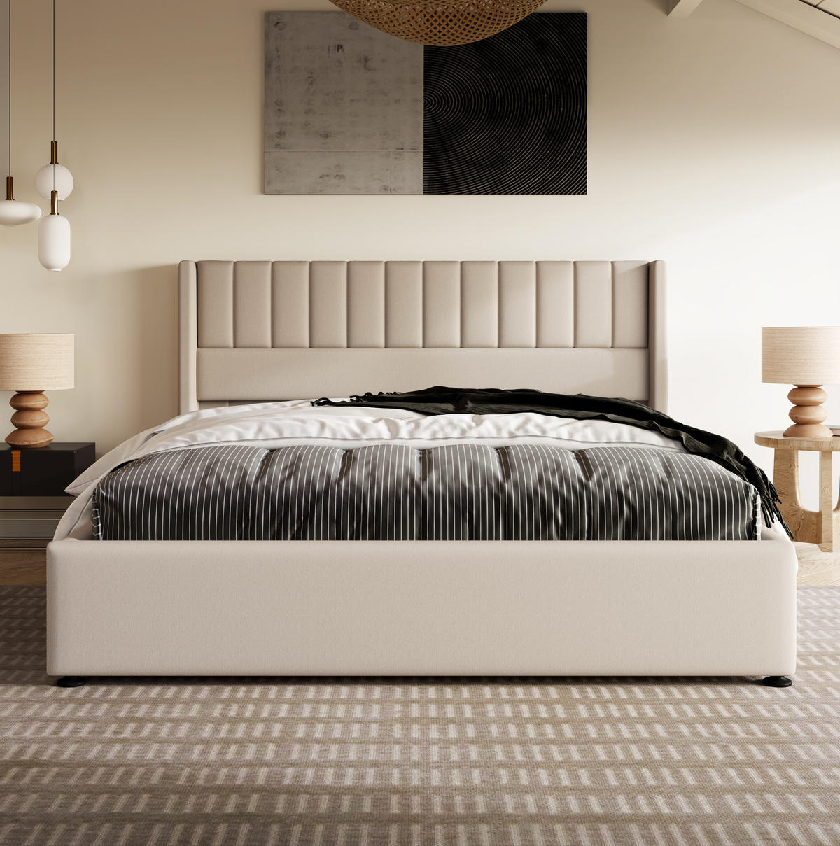 ČALOUNĚNÁ postel 180/200 cm béžová z lnu s úložným prostorem a hydraulickým roštem - béžová, textil (180/200cm) - OKWISH