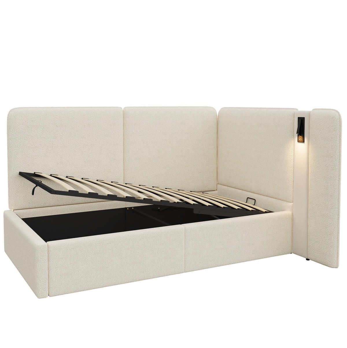 TAGESBETT 90/200 cm mit hydraulischem Stauraum, USB- und Typ-C-Anschluss, Leselampe und Bouclé-Bezug, Beige - Beige, Textil (90/200cm) - Redom