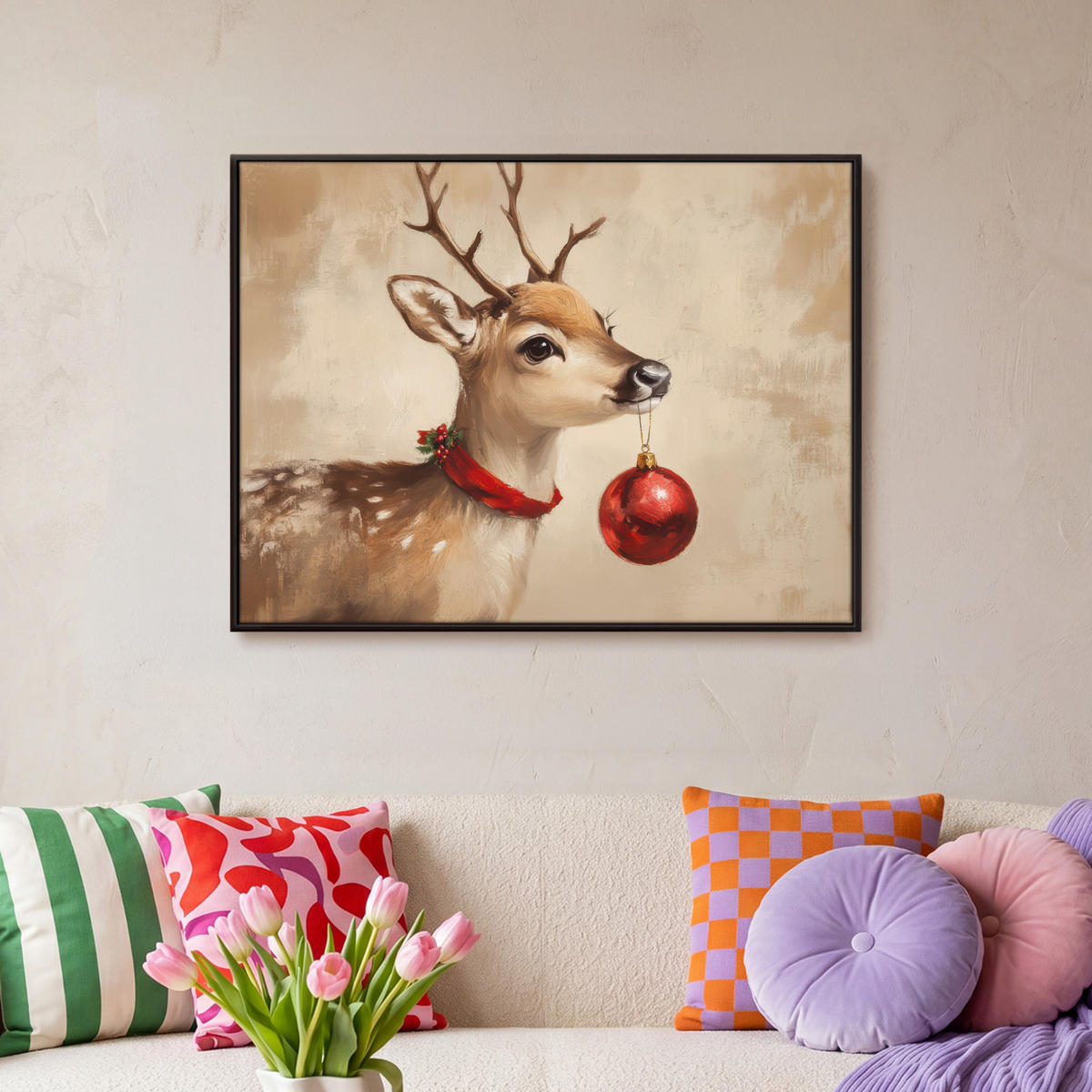 LEINWAND Bilder mit Rahmen - Weihnachten - Hirsch - Geweih - Weihnachtskugel - Rentier - 80x60 - Hellbraun, Textil (80/60cm) - MuchoWow