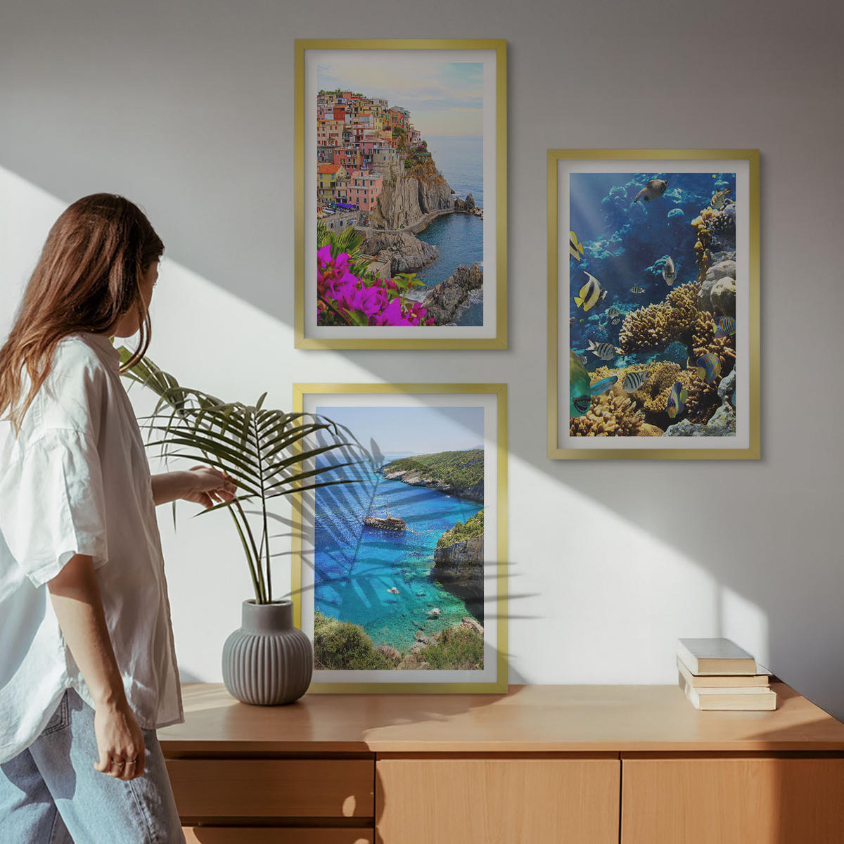 BILDER SET 3er Set - 40x60 cm Goldrahmen - Meerblick, farbenfrohe Häuser - Goldfarben, Kunststoff (40/60cm) - TULUP