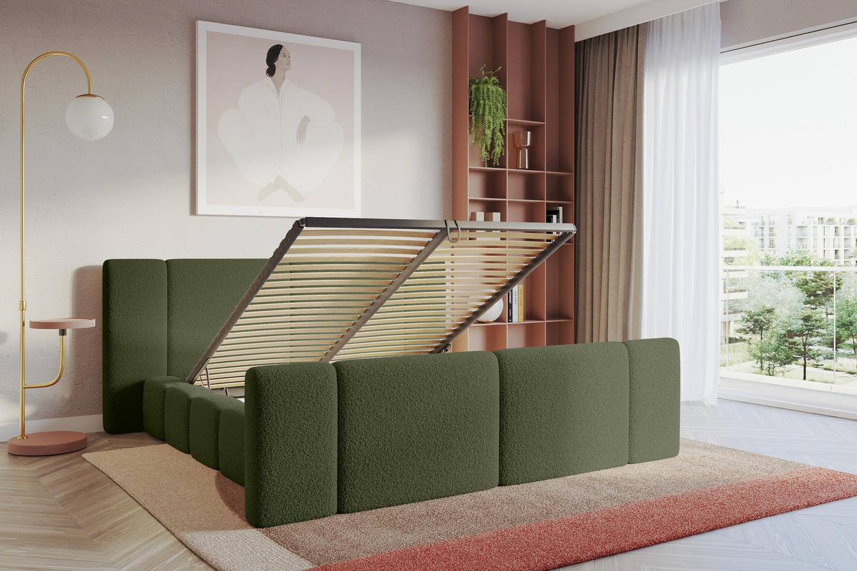 POLSTERBETT mit Bettkasten, Fußteil und Lattenrost, Bett mit Matratze H3/H4 - NILO-Z 200x200 Grün - Olivgrün, Holzwerkstoff/Textil (200/200cm) - ALTDECOR