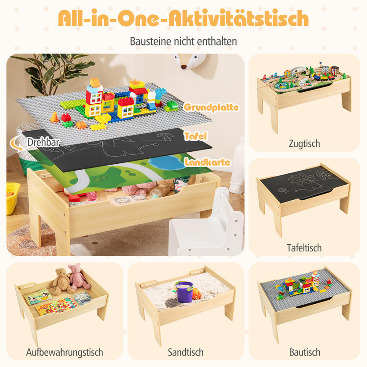 EISENBAHNTISCH aus Holz natur(78-tlg) - Naturfarben, Holzwerkstoff (79/39.5/57cm) - COSTWAY