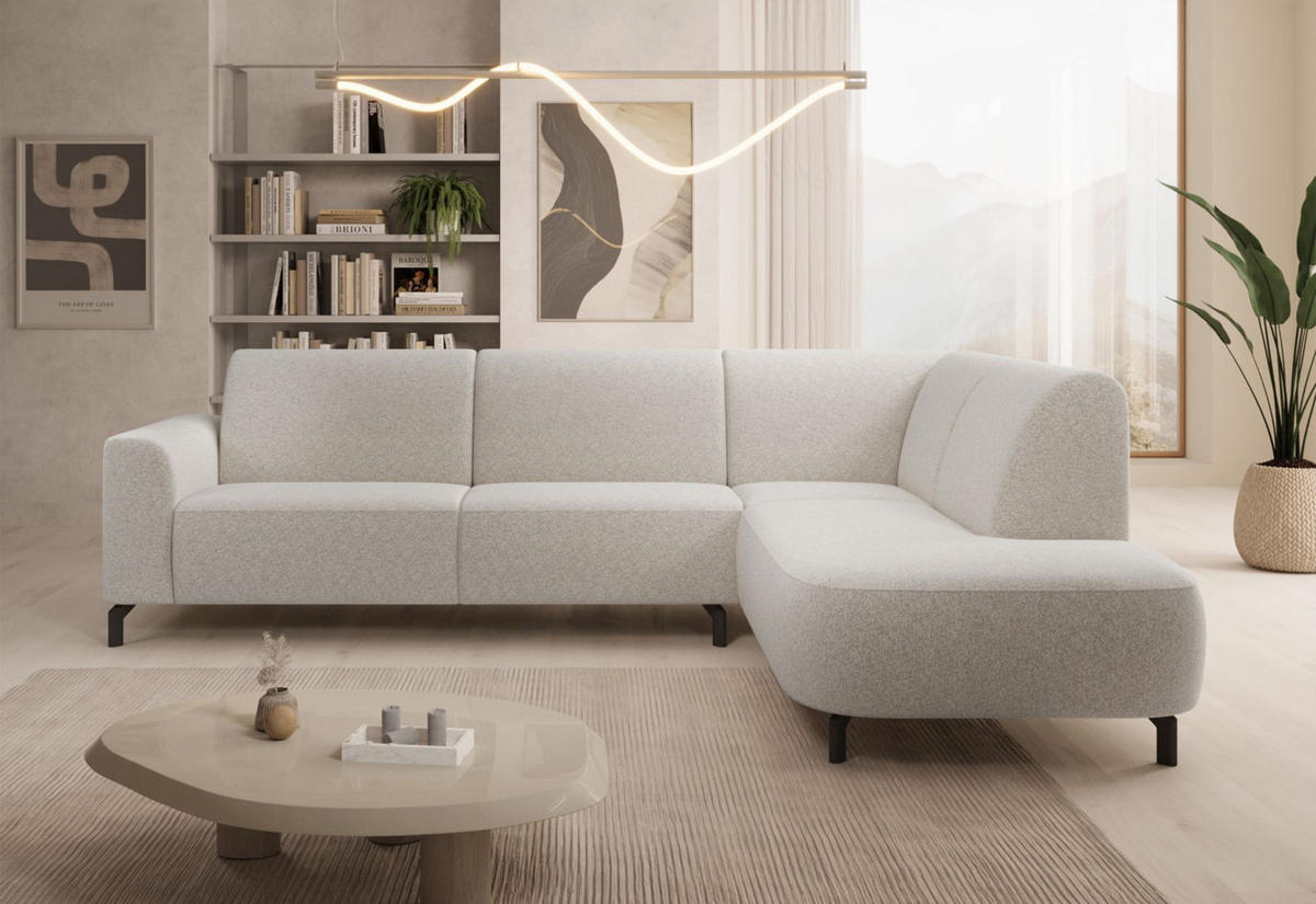 ECKSOFA Lununa Creme mit Armlehne, Bouclé, Ottomane rechts - Creme/Schwarz, Textil/Metall (218/277cm) - Selsey