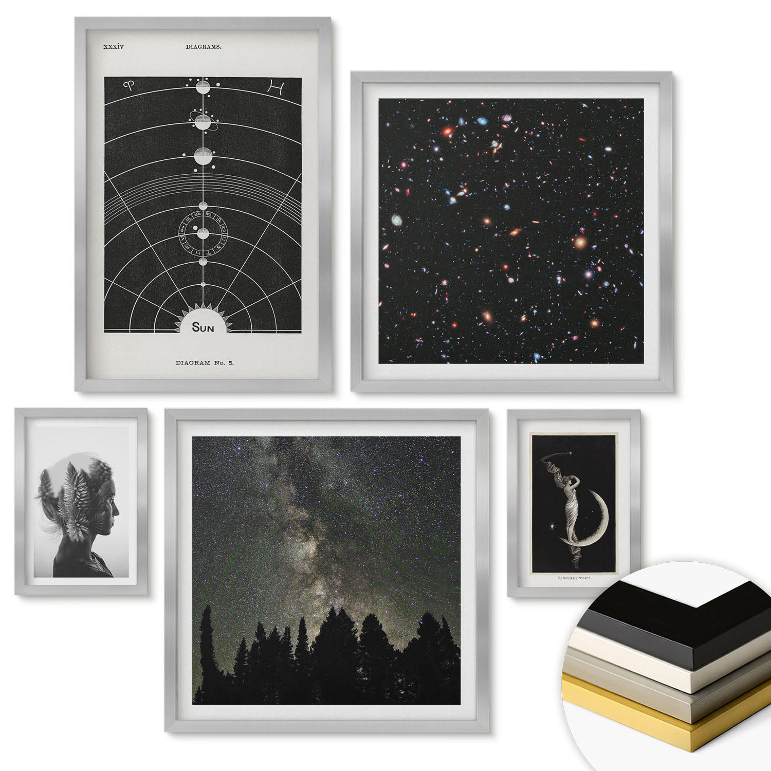 WANDBILDER 5er Set - 50x50 cm & 20x30 cm & 40x60 cm Silberner Rahmen - Galaxie im Sonnensystem - Silberfarben, Kunststoff (40/60cm) - ArtPrintCave