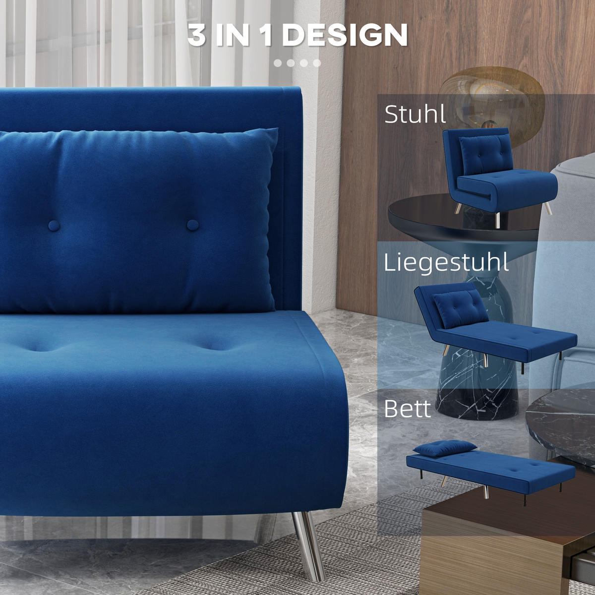 SCHLAFSESSEL, Samt, Stahl, Blau - Blau, Textil (88/83/77cm) - HOMCOM