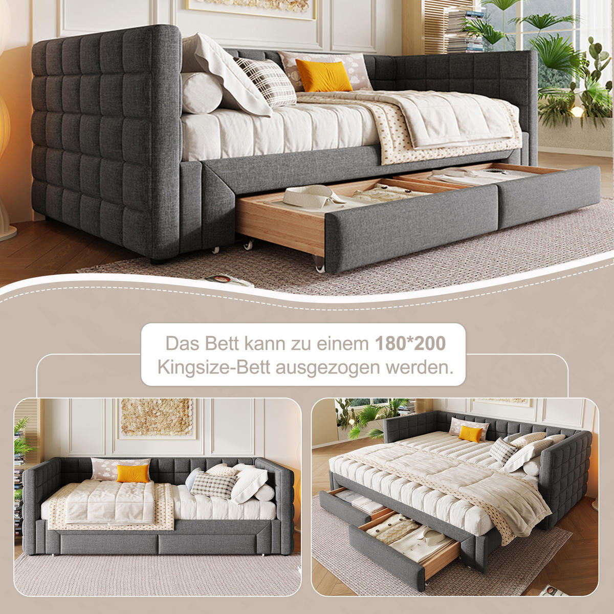 TAGEBETT 90x200cm Grau quadratische Rückenlehne Ausziehbett 2 Schubladen - Grau, Holz (90/200cm) - FLIEKS