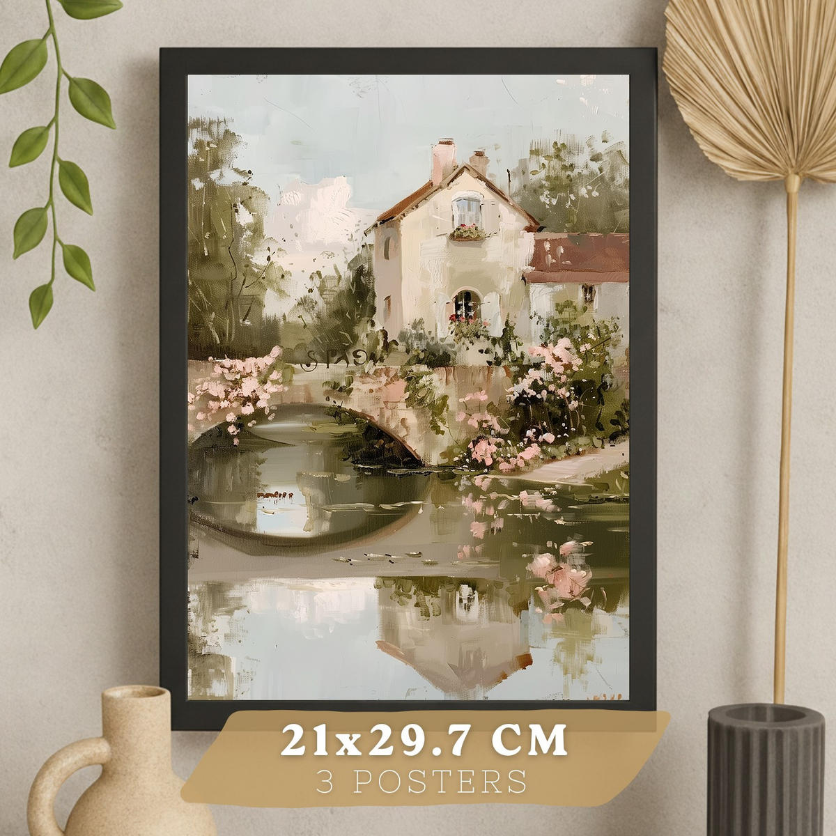 POSTER 3er Bilder-Set Wandbilder Ölmalerei modern Wohnzimmer Deko, Schlafzimmer, Küche, Badezimmer Schwarzer Rahmen A4 - Schwarz, Papier (29.7/1/21cm) - Nacnic