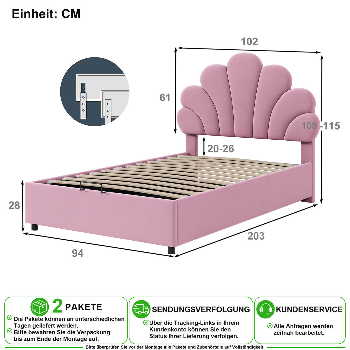POLSTERBETT 90/200 cm in Rosa Samt mit Stauraum und floralem Kopfteil - Rosa, Holzwerkstoff/Textil (90/200cm) - CHICFURN