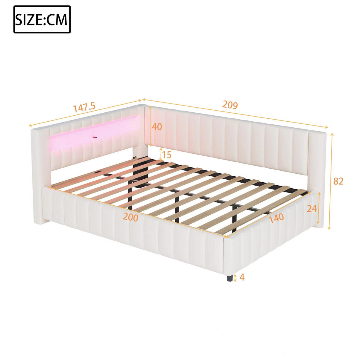 SCHLAFSOFA 140/200 cm mit LED-Beleuchtung, USB-Anschluss, Kopfteil und Rückenlehne, Samt, Beige - Beige, Textil (147.5/82/209cm) - Redom