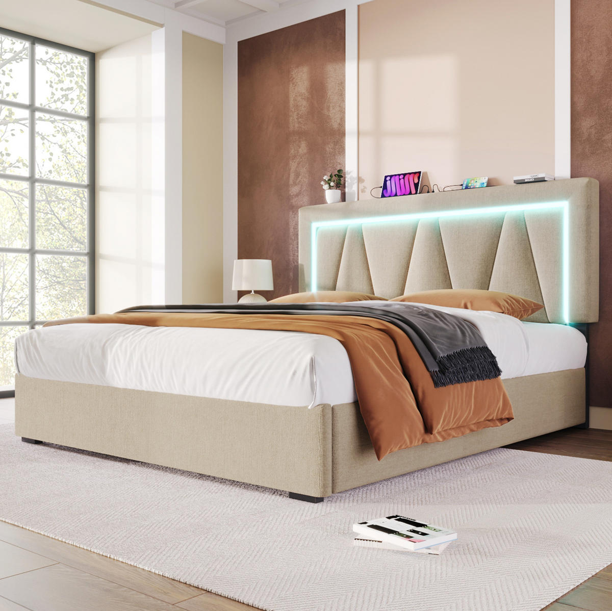 POLSTERBETT mit Stauraum, USB und LED 140x200 cm Leinen Beige - Beige, Metall (140/200cm) - Meubliv