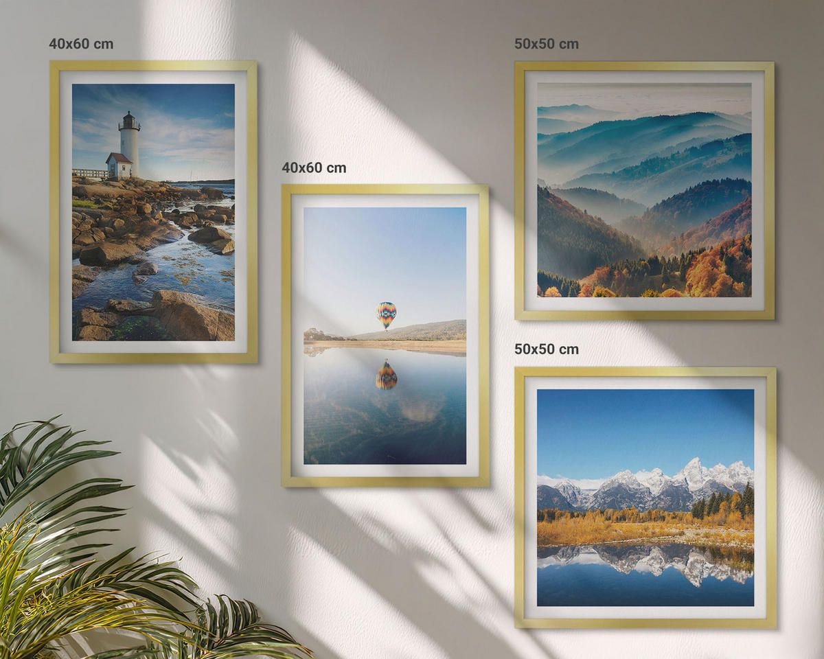 BILDER SET 4er Set - 50x50 cm & 40x60 cm Goldrahmen - Ausblicke auf die Natur, Leuchtturm, Berge - Goldfarben, Kunststoff (50/50cm) - TULUP