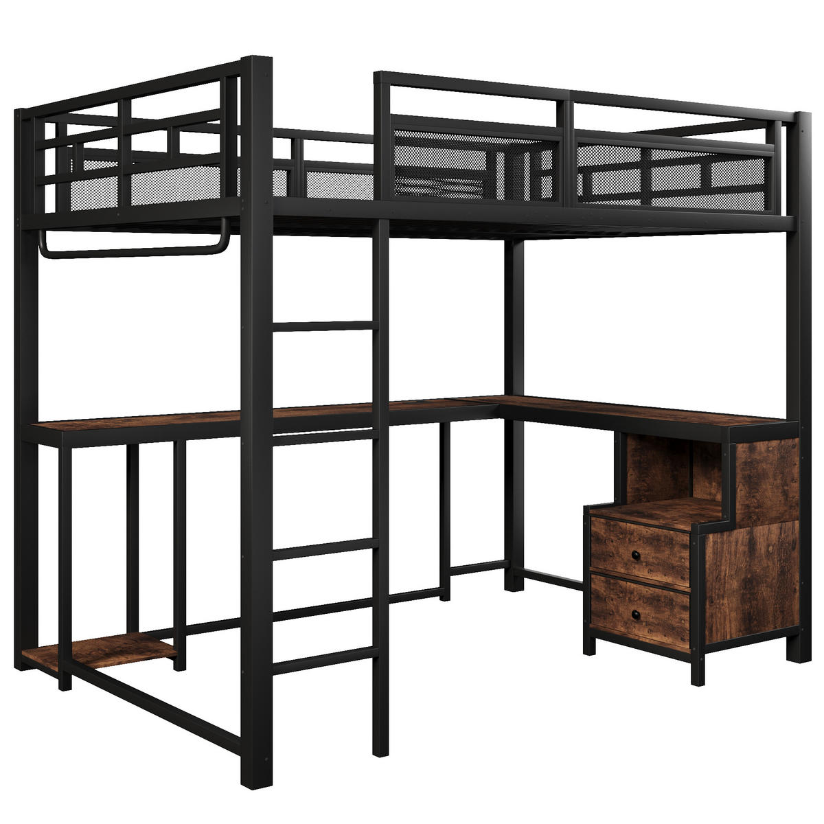 HOCHBETT 140/200 cm in Schwarz mit LED, USB, Schreibtisch und Ablagen - Schwarz, Holz/Metall (140/200cm) - CHICFURN