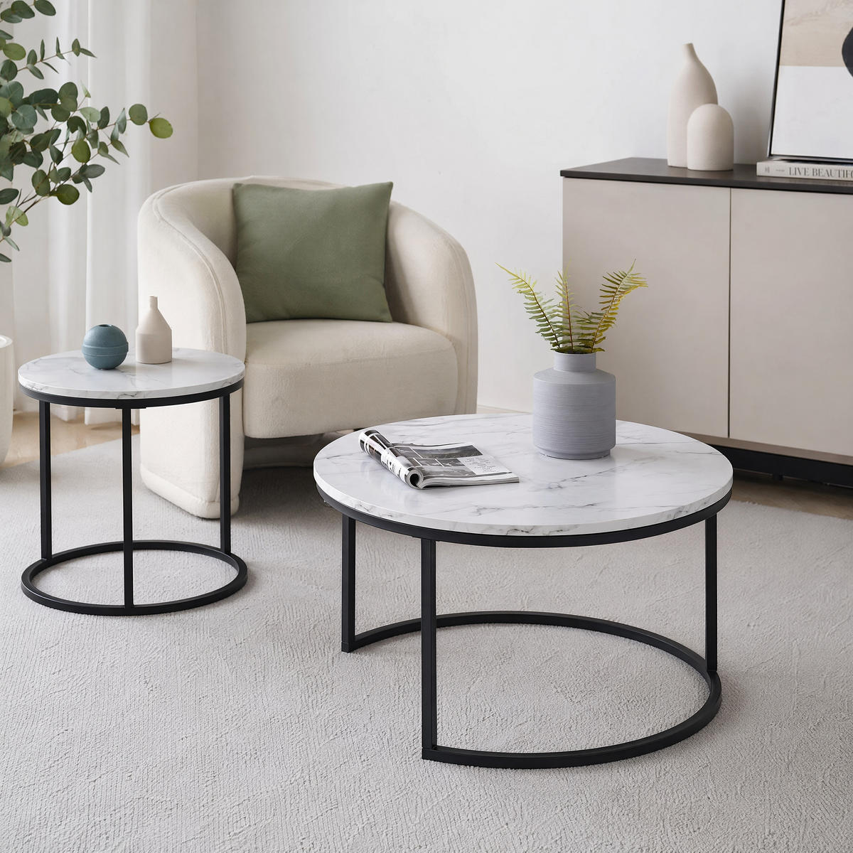 COUCHTISCH 2-TEILIG Rund Weiß Schwarz Metall Tischset Wohnzimmer - Multicolor, Holz (80/60/45cm) - SHOPENTRA