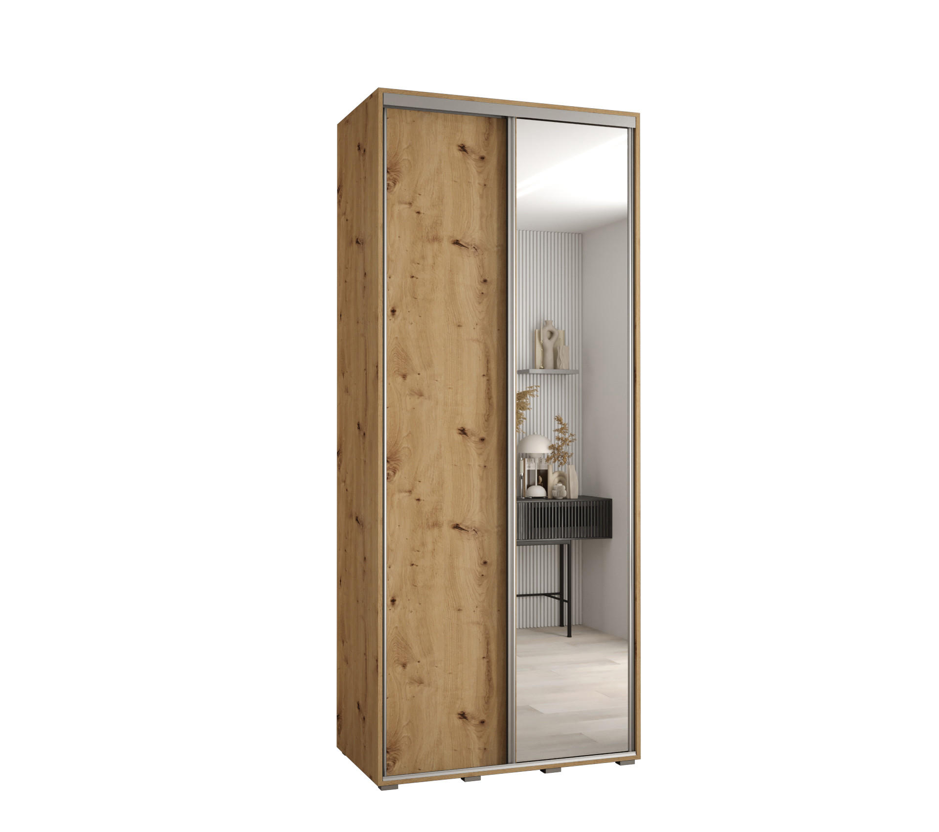 Abiks Möbel Schwebetürenschrank Eiche Artisan, Eiche Artisan, Silber 100x235x45 cm