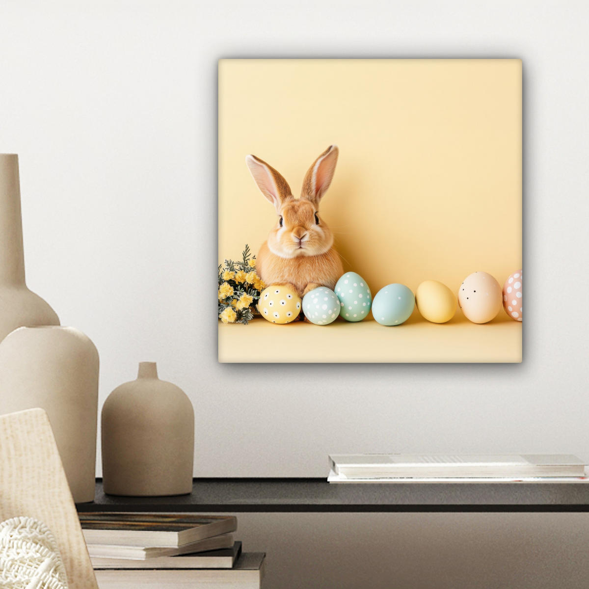 LEINWANDBILD Eier - Kaninchen - Pastellfarbtöne Deko Wohnzimmer 20x20 cm - Hellgelb, Textil (20/20cm) - MuchoWow