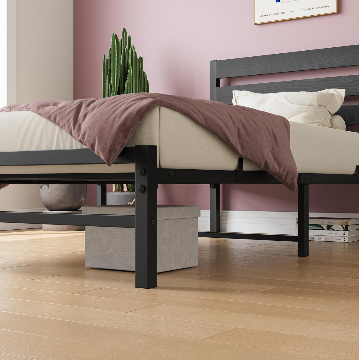 METALLBETT 90/200 mit Stauraum unter dem Bett, mit Lattenrost - Schwarz, Metall (90/200cm) - STILVORA
