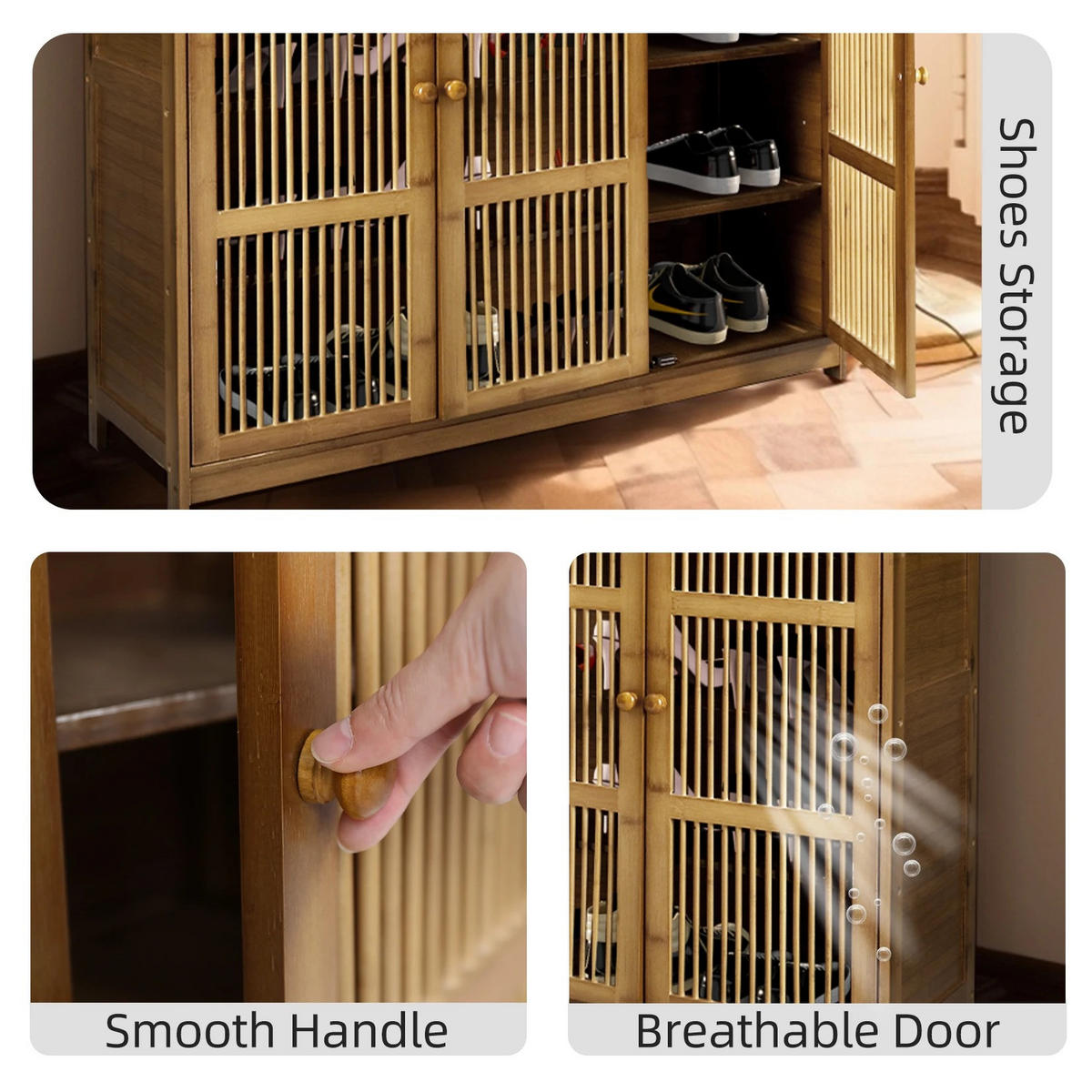 SCHUHSCHRANK 4-stufig Bambus Holz Naturholz mit 3 Türen - Braun, Holzwerkstoff (99/98/33cm)