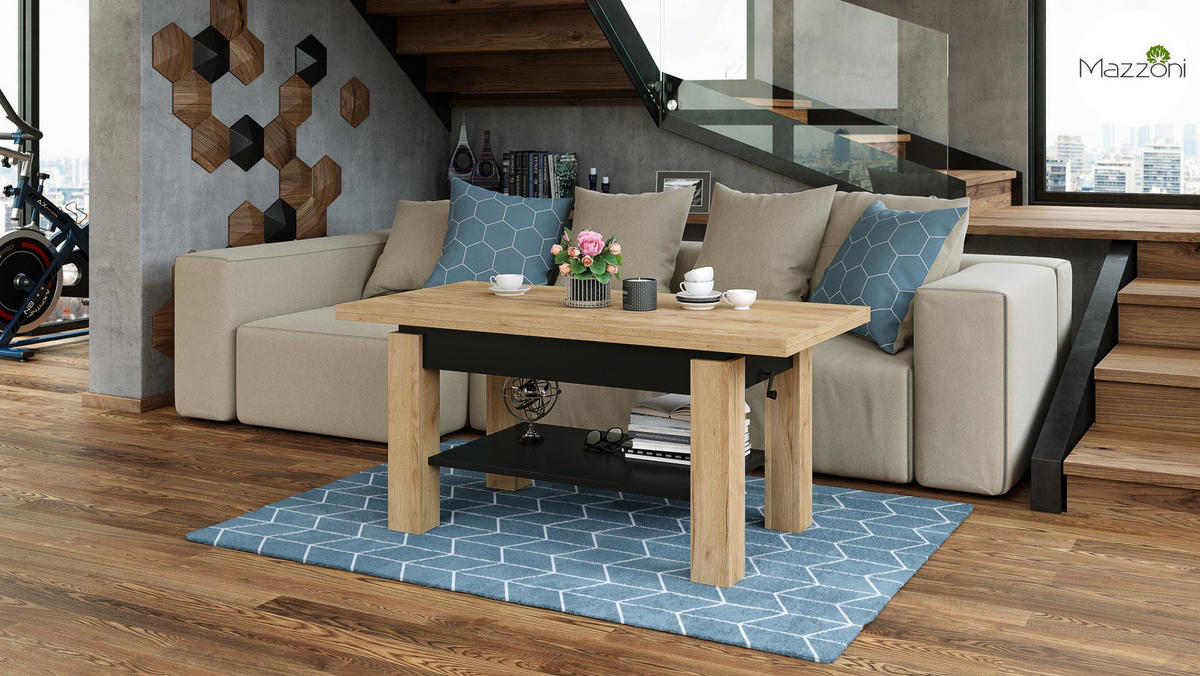 COUCHTISCH rechteckig Eiche Gold - Schwarz ausziehbar höhenverstellbar - Eichefarben/Schwarz, Holzwerkstoff (65/130/60cm) - designimpex