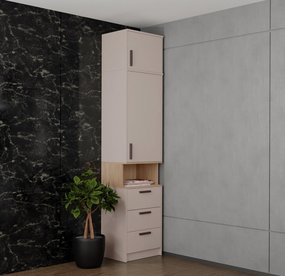 MEHRZWECKSCHRANK GRANT G6/C GRAUBEIGE CASHMERE 52/195/40 - Kaschmir/Schwarz, Glas/Holzwerkstoff (52/195/40cm) - Marmex Möbel