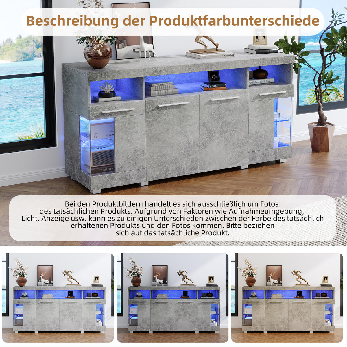 SIDEBOARD, 140/40/70 cm, MDF a tvrzené sklo, cementově šedé, s LED osvětlením - šedá, kompozitní dřevo (140/70/40cm) - BEAOK