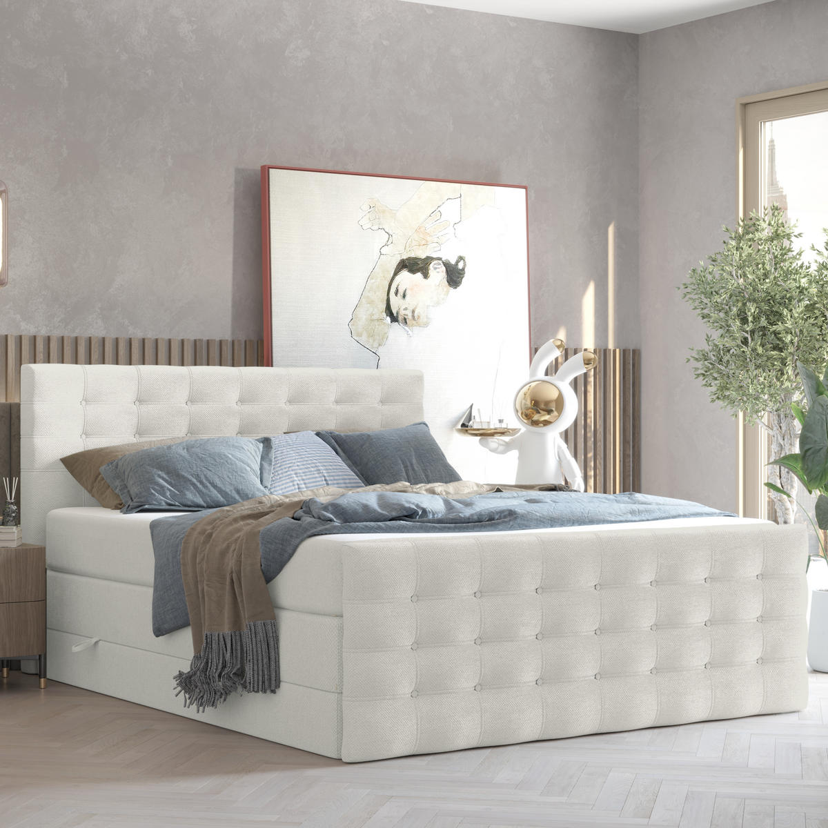 BOXSPRINGBETT Blend Creme 140/200 cm mit Matratze - Creme/Schwarz, Holz/Holzwerkstoff (140/200cm) - Maison de Reve