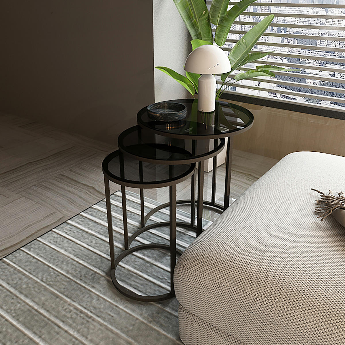 SATZTISCH Kyyjärvi im 3er Set - Grau, Glas (50/50/58cm) - [en.casa]