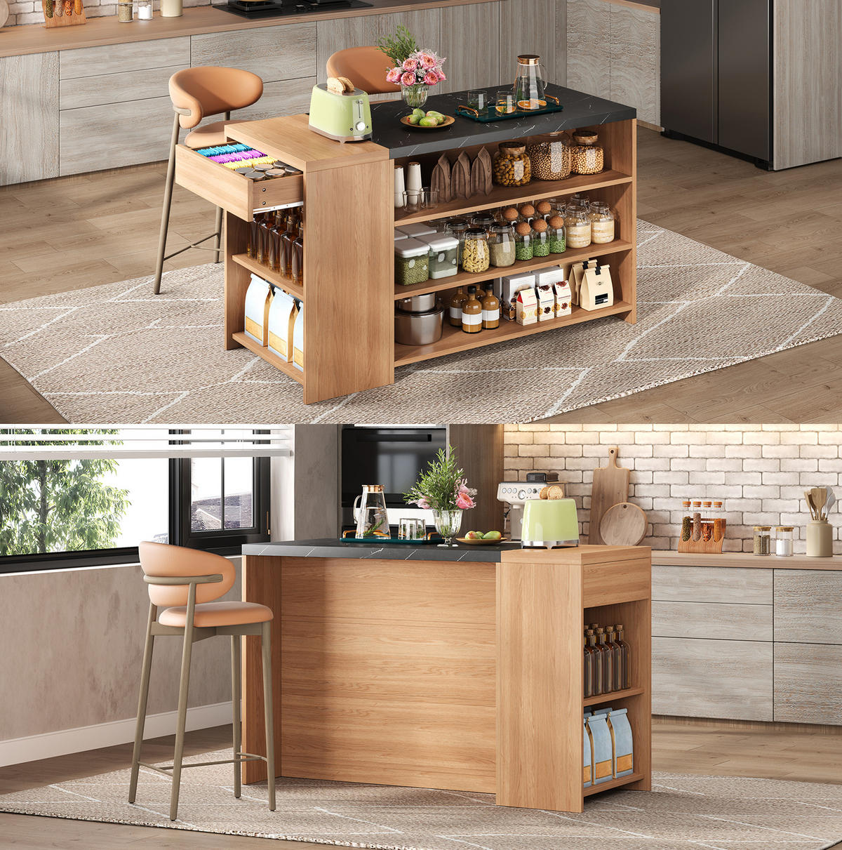 KÜCHENINSEL mit Stauraum 140x60x90 cm Eicheoptik Schwarz - Schwarz, Holz (60/90/140cm) - Beauniv