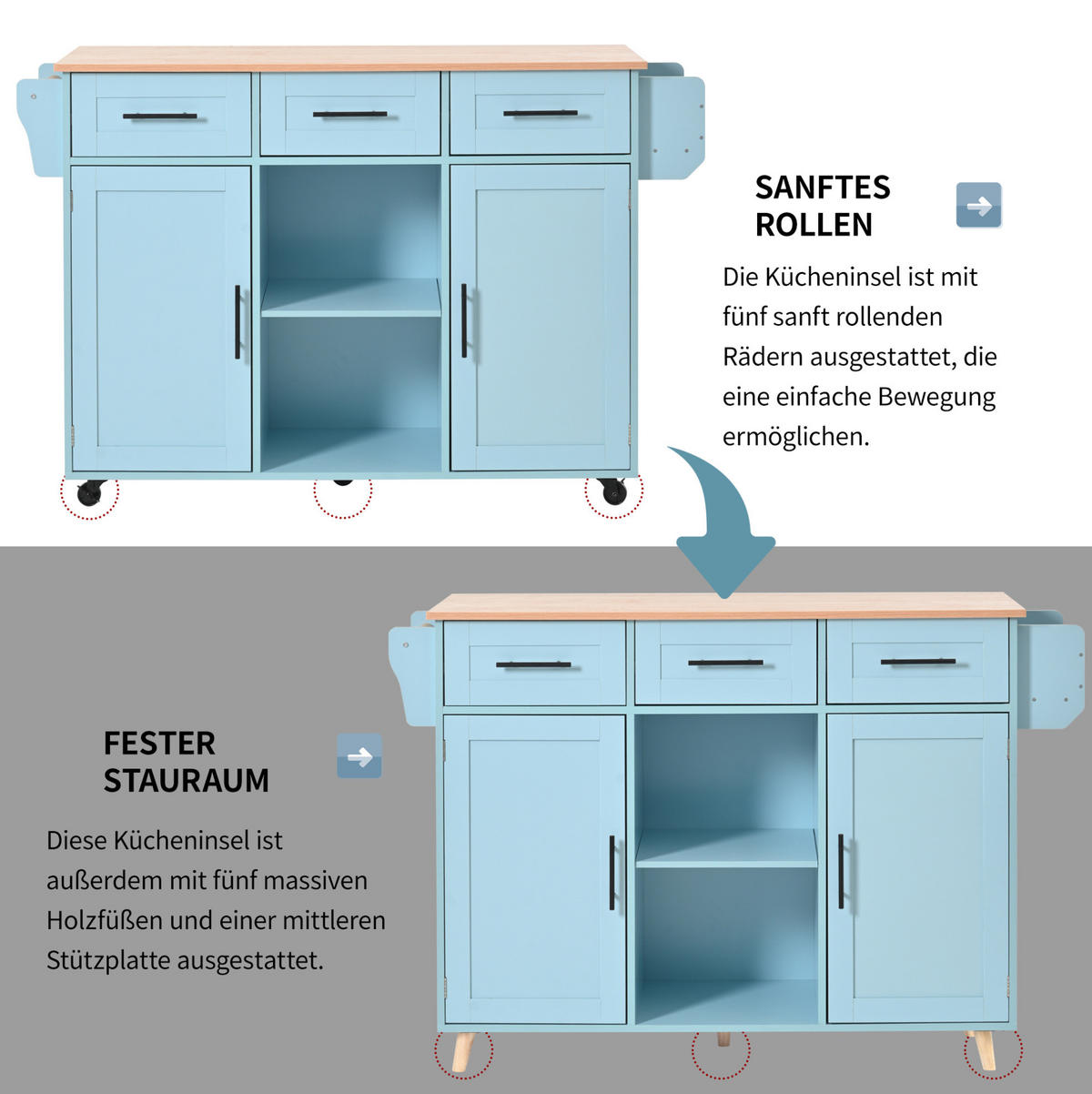 KÜCHENINSEL 139/91,5/46(71) cm Blau aus MDF mit klappbarer Arbeitsplatte - Blau, Holzwerkstoff (46/91.5/139cm) - OKMYHOME