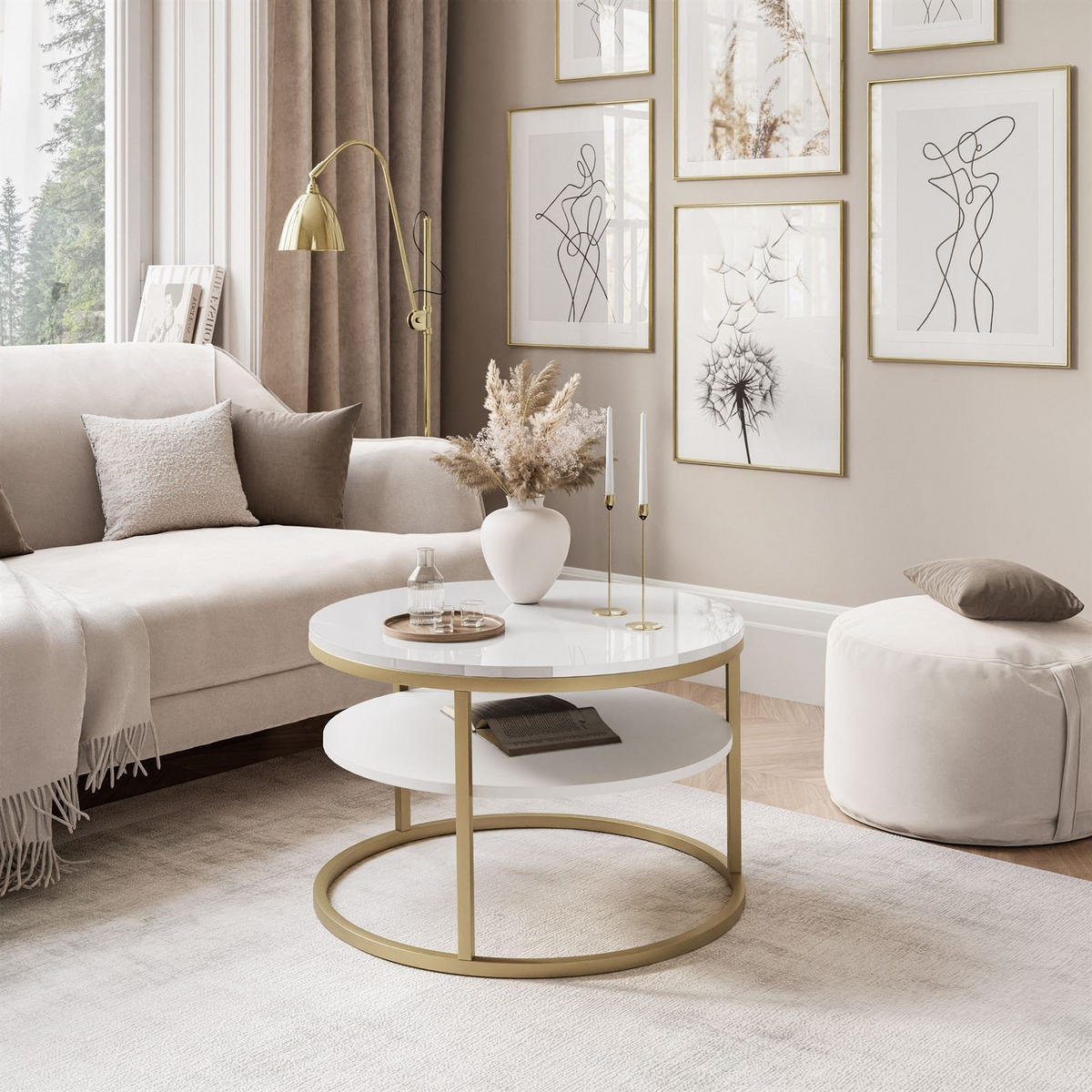 COUCHTISCH CIRI SLIM mit Regal Hochglanz - Goldfarben, Holzwerkstoff (60/60/42cm) - Lookway