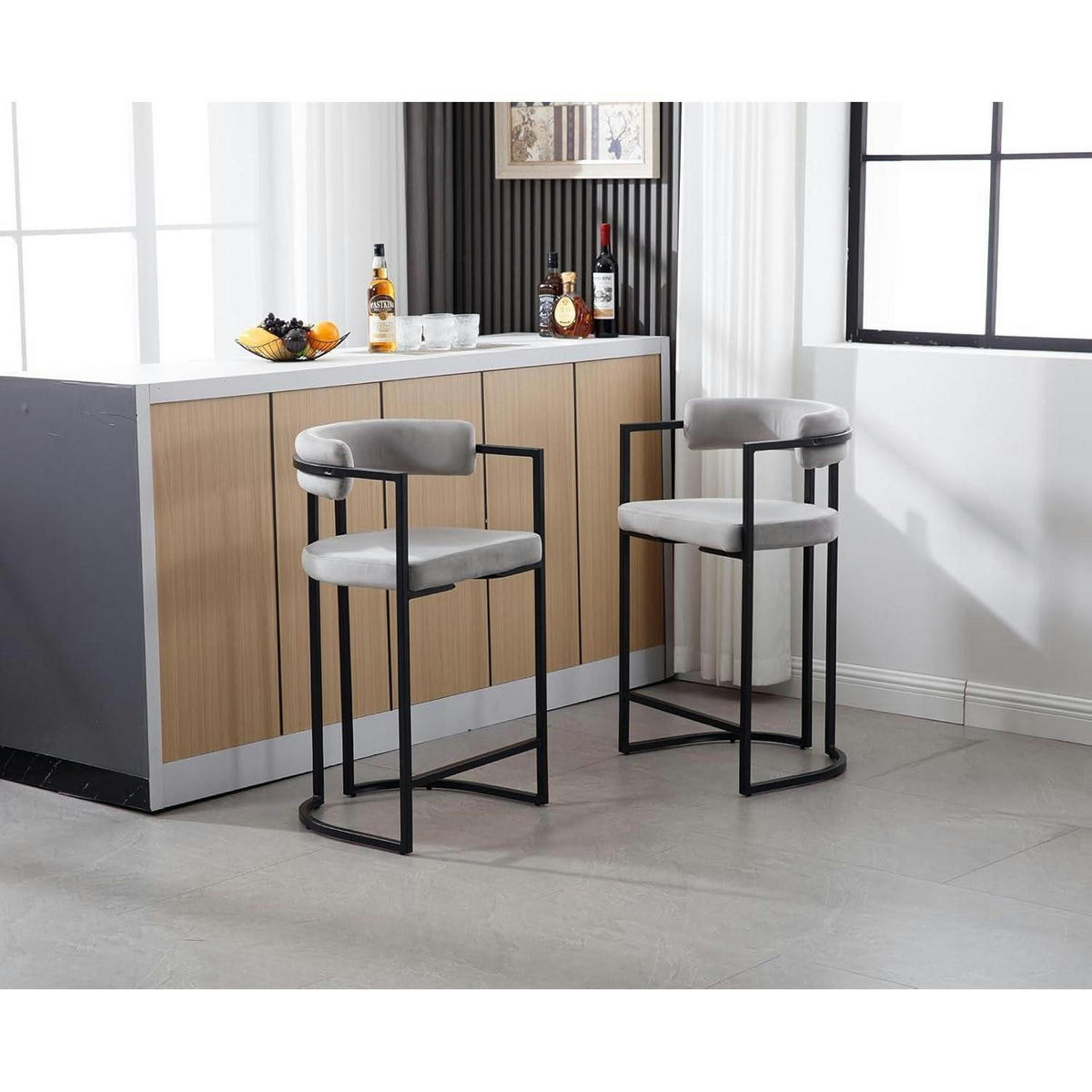 BARHOCKER 4er Set Samt Grau mit Metallgestell - Grau, Textil (52/91/49.5cm)