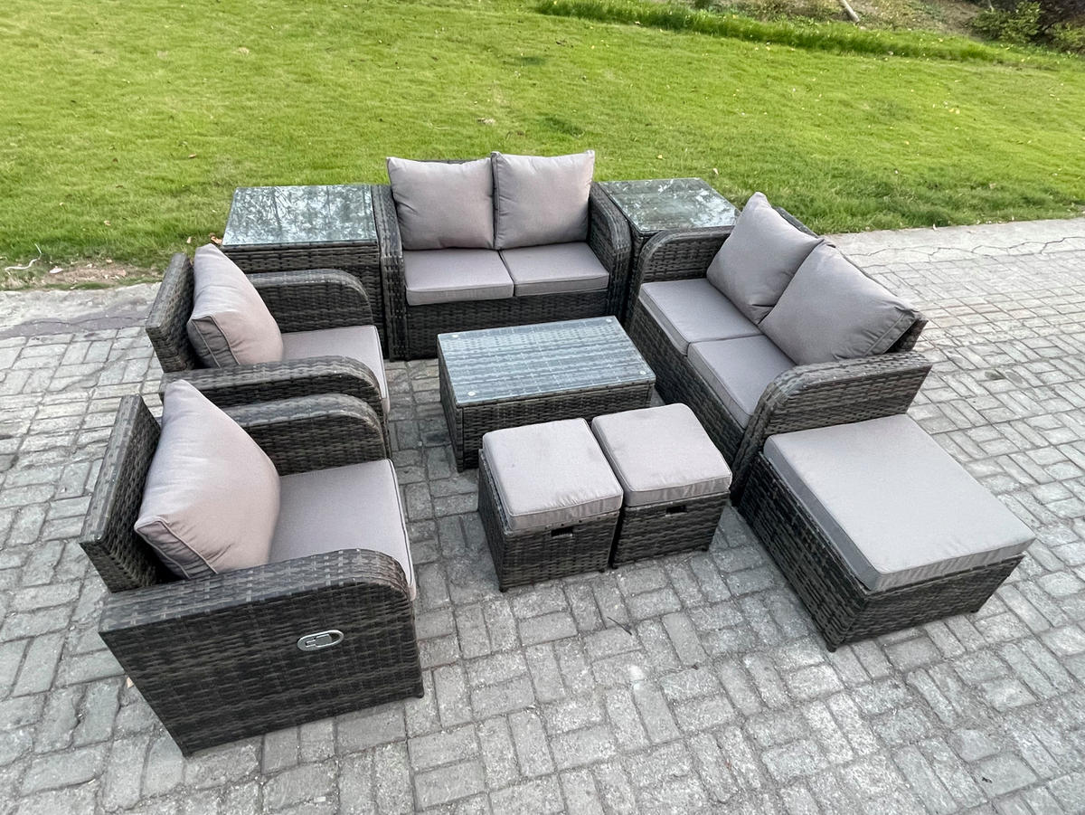 GARTENLOUNGE-SET Polyrattan Dunkelgrau 9-Sitzer - Dunkelgrau, Metall - Fimous