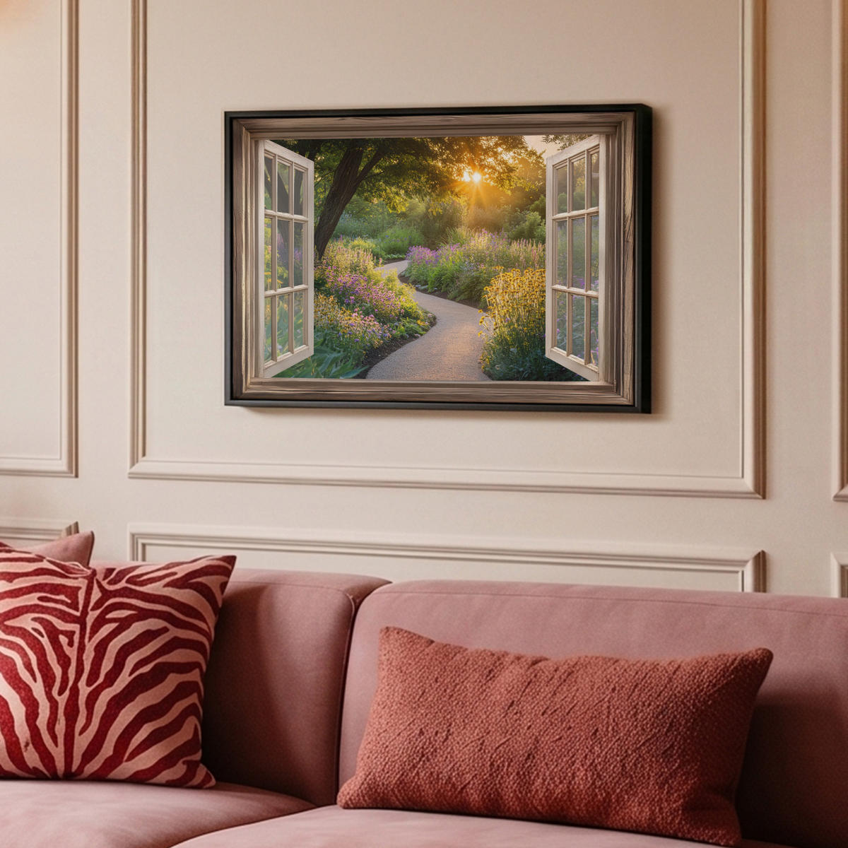 LEINWAND Bilder mit Rahmen - Aussicht - Blumen - Natur - Sonne - Weg - 60x40 - Hellgelb, Textil (60/40cm) - MuchoWow