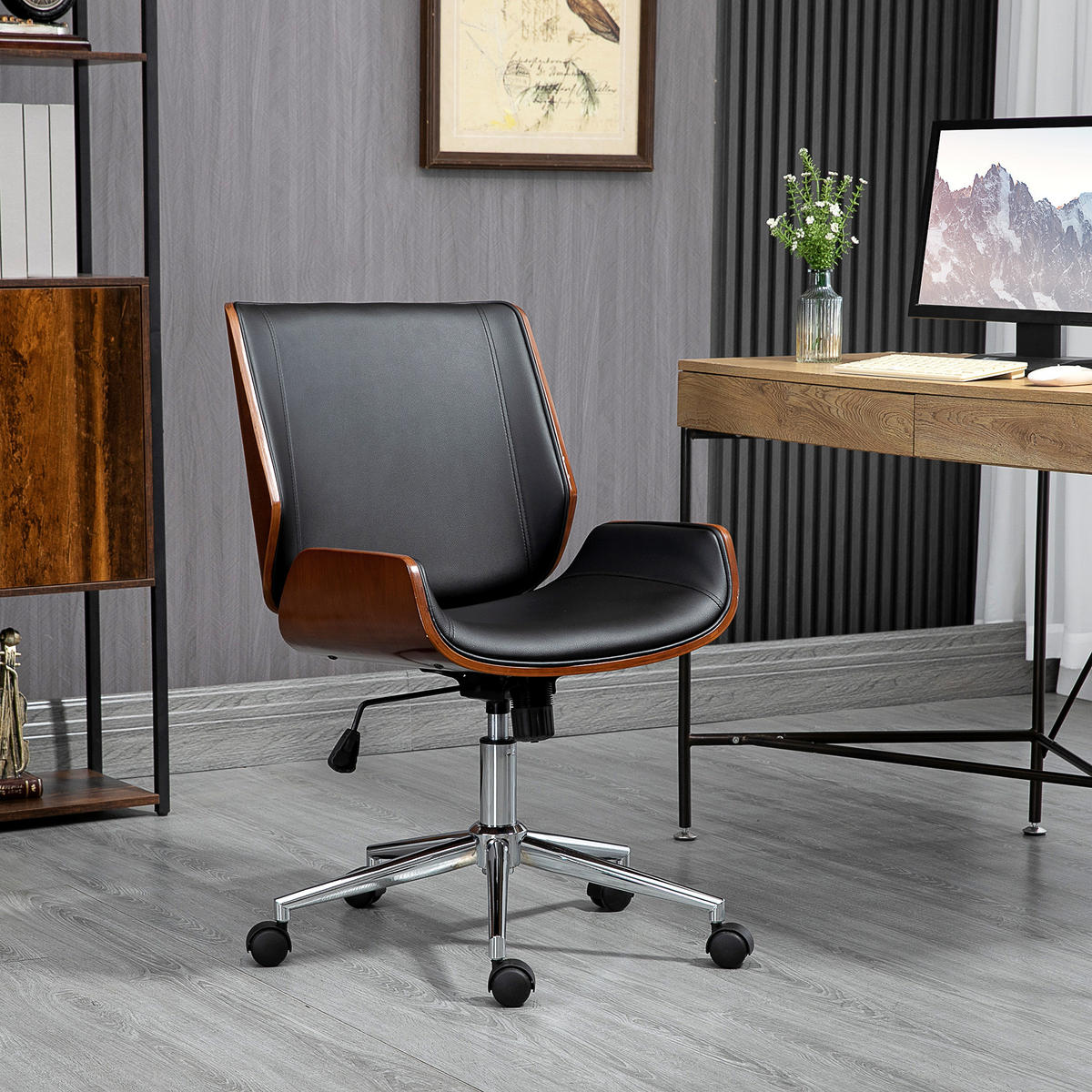 SCHREIBTISCHSTUHL Computerstuhl, Wippfunktion, höhenverstellbar, Schwarz + Silber - Schwarz, Leder (60/96/53cm)