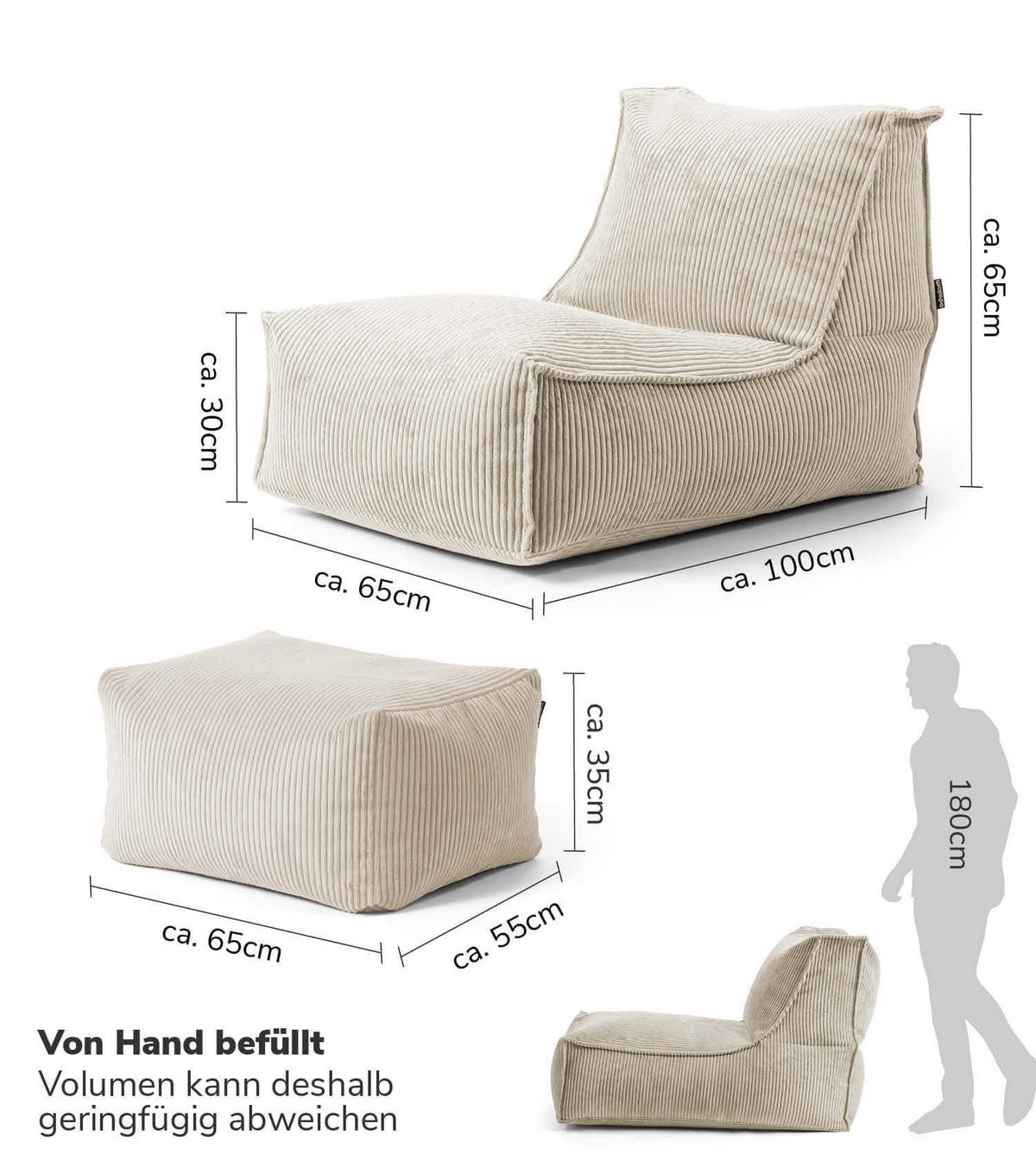 SITZSACK mit Hocker Der Gelassene - Beige, Textil (65/65/155cm) - Mokebo