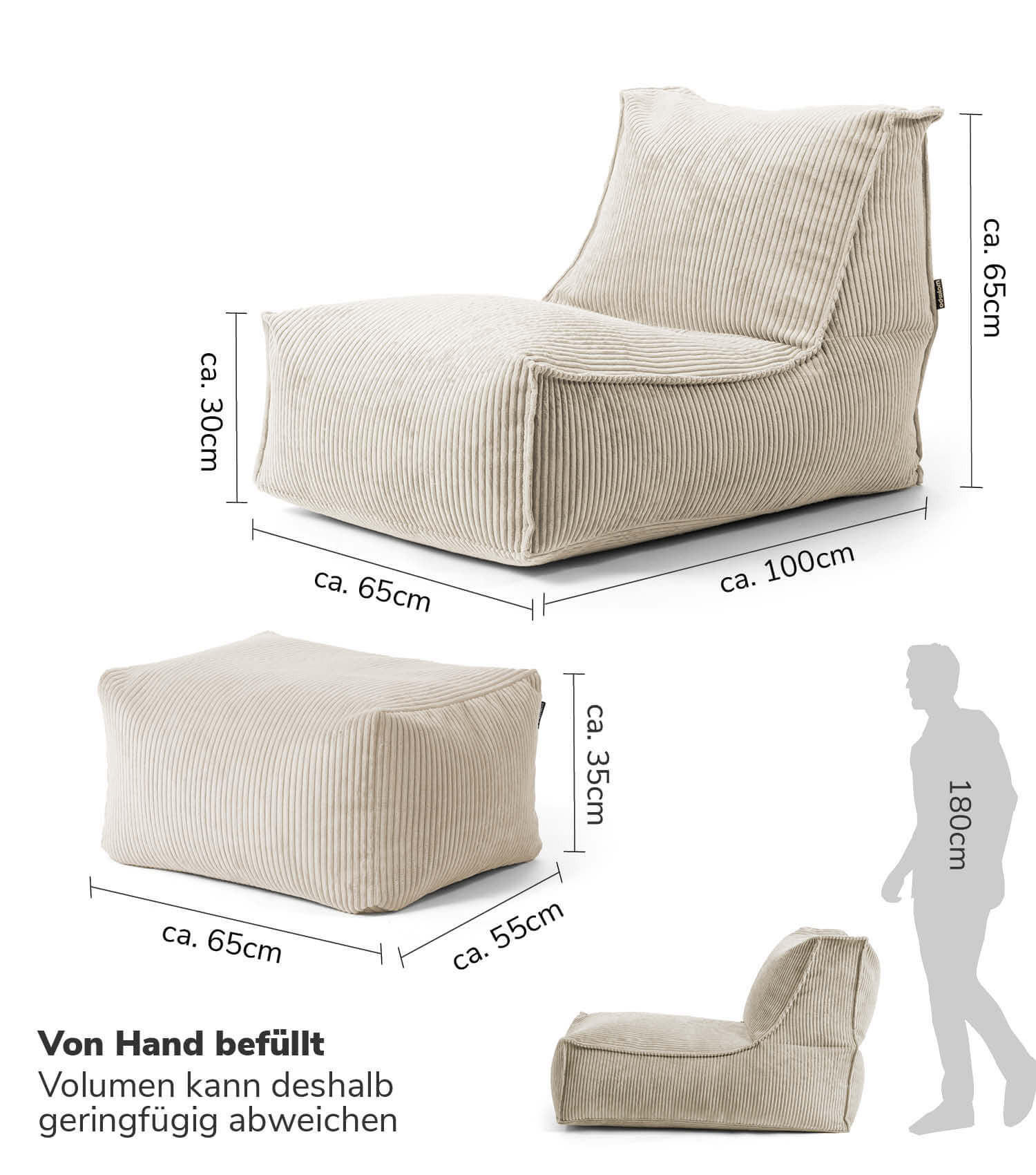 Thumbnail - Mokebo Sitzsack, Beige, Textil, 65x65x155 cm, Oeko-Tex®, Wohnzimmer, Hocker, Sitzsäcke, XXL Sitzsäcke