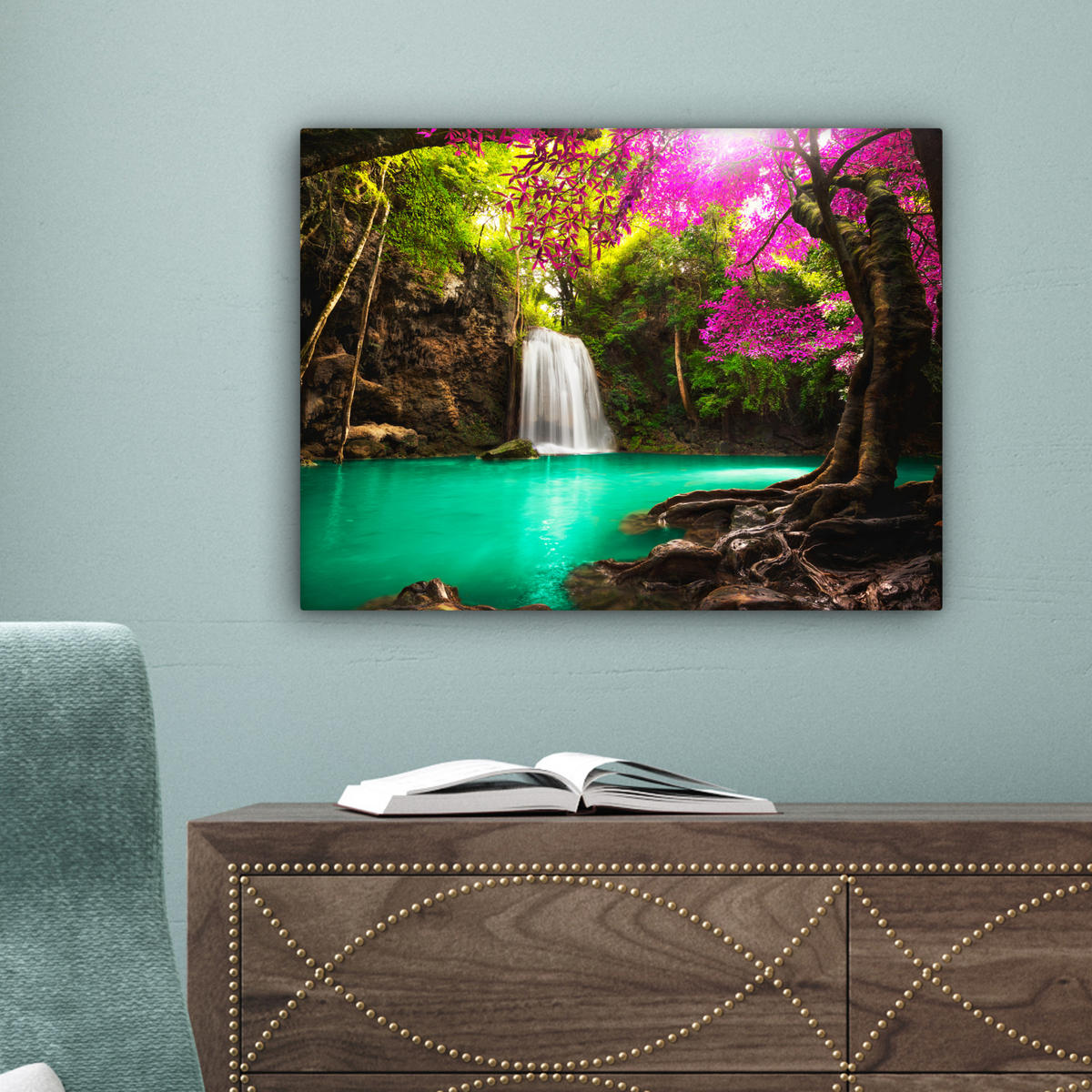 LEINWANDBILD Wasserfall mit bunten Blumen und Bäumen - Natur - Dschungel Wandbild 40x30 cm - Waldgrün, Textil (40/30cm) - MuchoWow