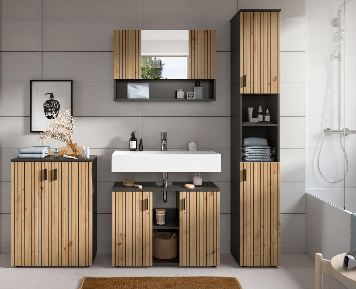 WASCHBECKENUNTERSCHRANK Eiche Artisan, grau 80 cm, Badezimmer Unterschrank mit Rillen-Optik - Schwarz/Eiche Artisan, Holzwerkstoff/Kunststoff (80/59/30cm) - Inn.Furn