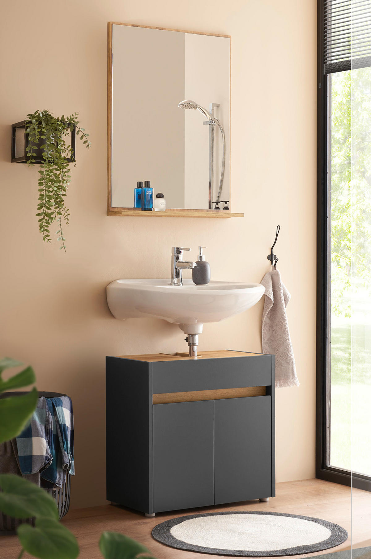 BADMÖBEL-SET 2-teilig grau matt, Wotan Eiche, Badkombination 60 cm - Eiche Wotan/Schwarz, Glas/Holzwerkstoff (61/200/34cm) - Furn.Design