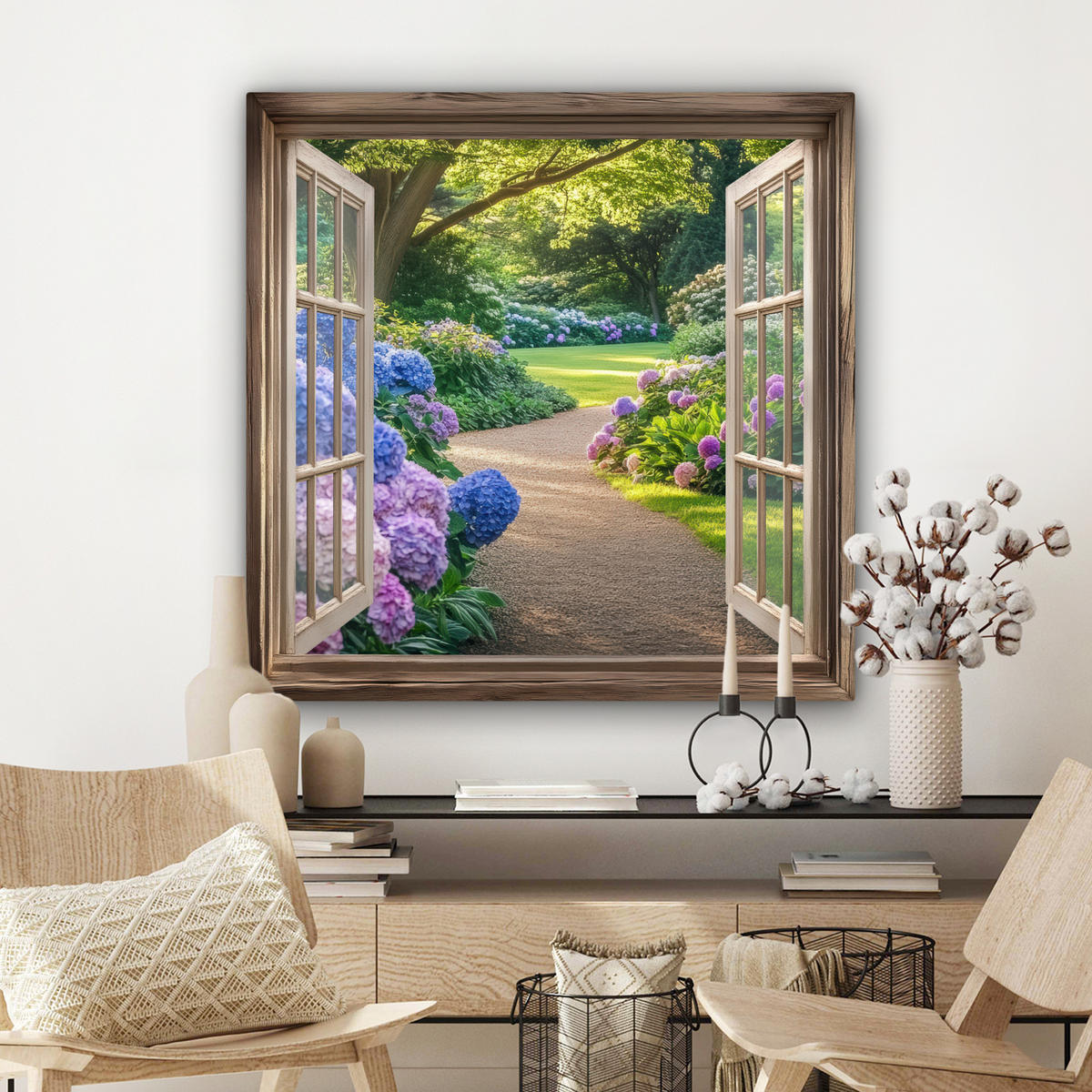 LEINWANDBILD Aussicht - Garten - Fenster - Hortensie - Blumen 90x90 cm - Pastellblau, Textil (90/90cm) - MuchoWow