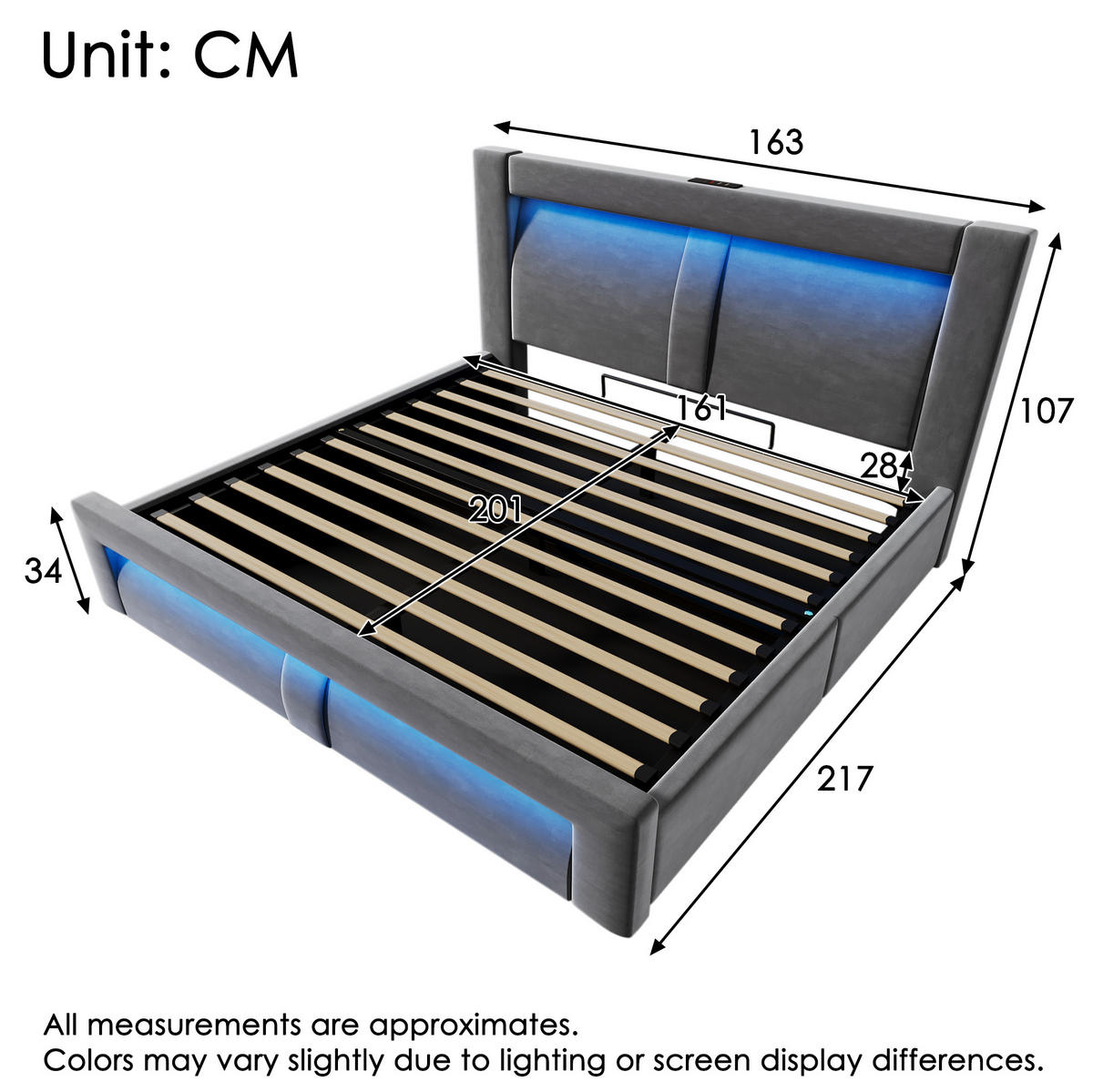 POLSTERBETT 160/200 cm mit LED, USB- und Type-C-Anschluss, hydraulischem Stauraum, Samt und Matratze, Grau - Grau, Textil (160/200cm) - Redom