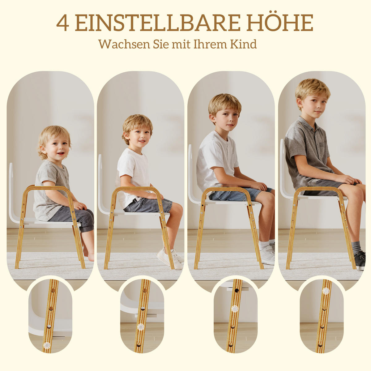 KINDERSTUHL aus Holz Höhenverstellbar mit Armlehne 2er Set - Birkefarben/Weiß, Holz/Birkenholz (34/61.5/39cm) - AIYAPLAY