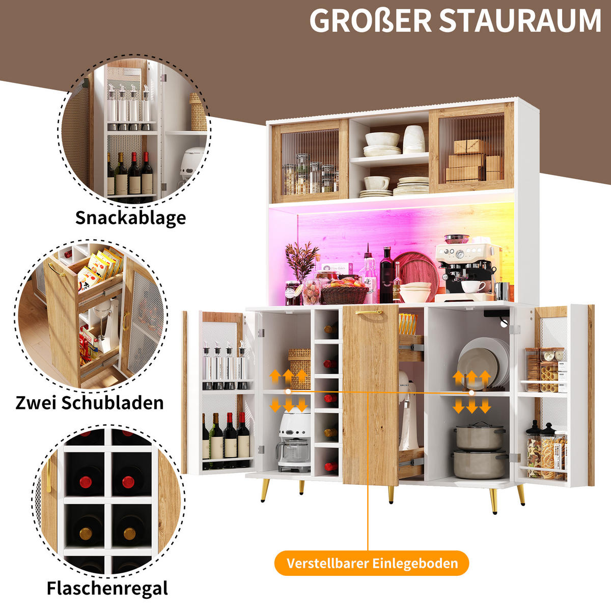 BUFFETSCHRANK 120/40/170 cm Weiß/Holzdekor aus MDF mit LED und Steckdose - Weiß, Holzwerkstoff (120/170/40cm) - OKWISH