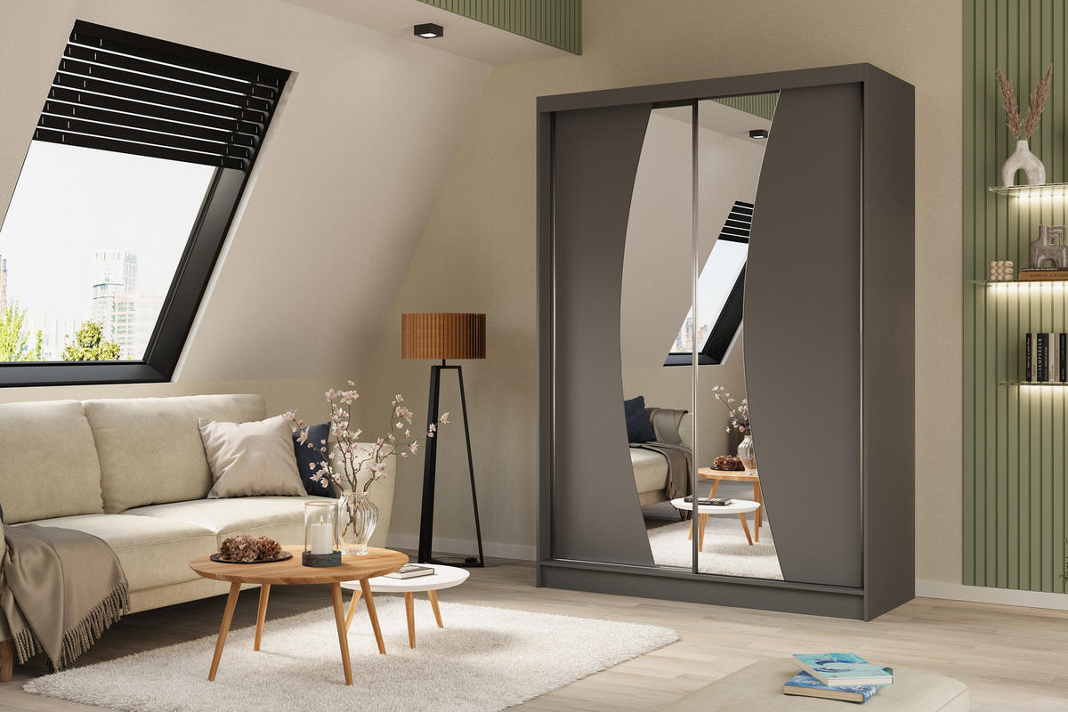 KLEIDERSCHRANK mit Spiegel-Schiebetüren und Aluminium-Leisten, LED-Beleuchtung (- VOXI - 150 cm Grau - Grau, Holzwerkstoff (150/216/61cm) - ALTDECOR